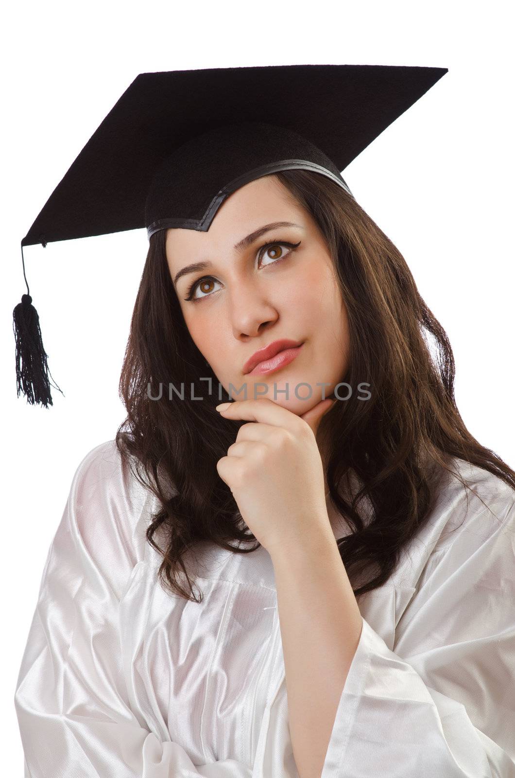 Graduate with diploma on white