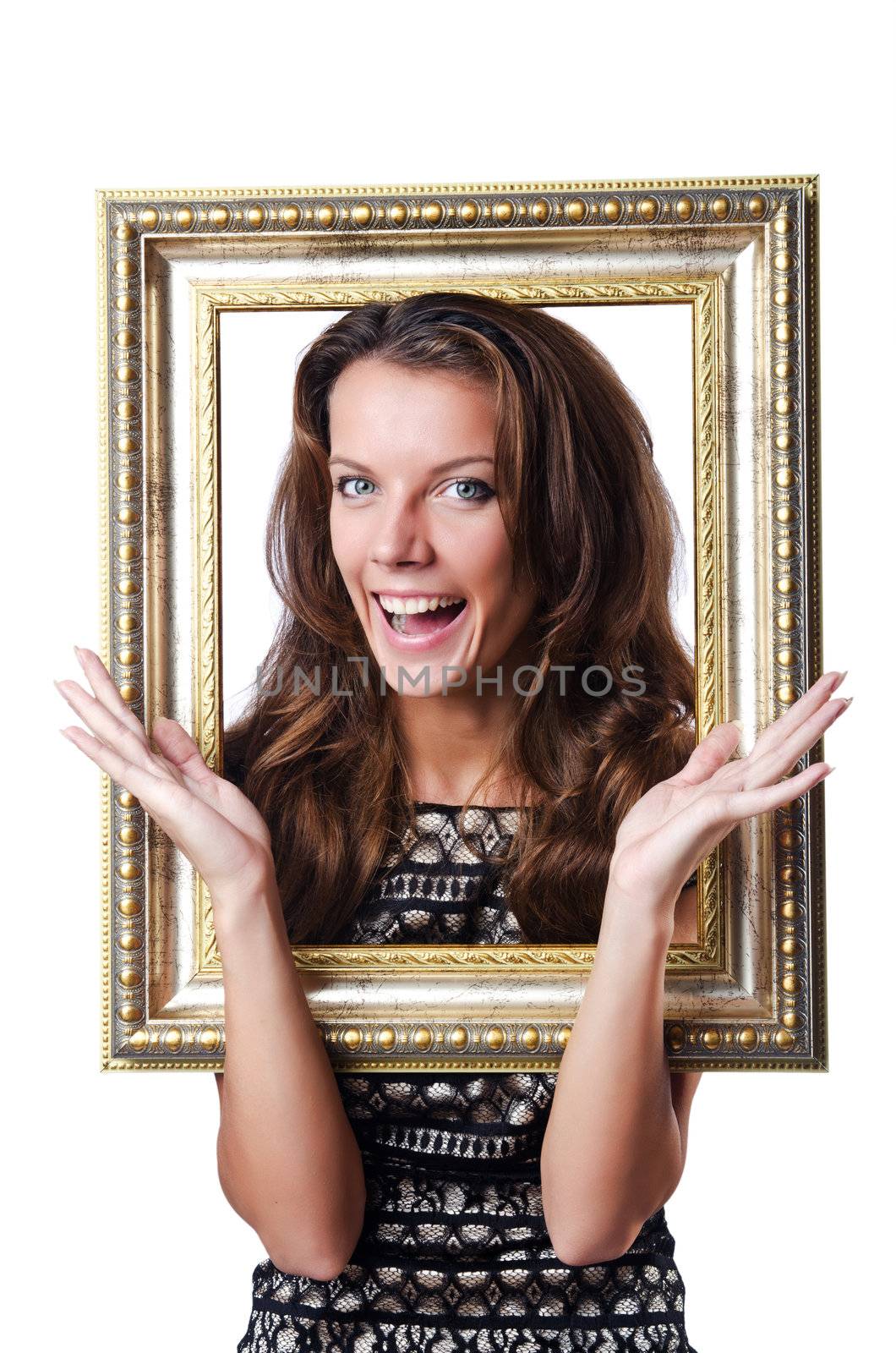 Young woman with picture frame on white by Elnur