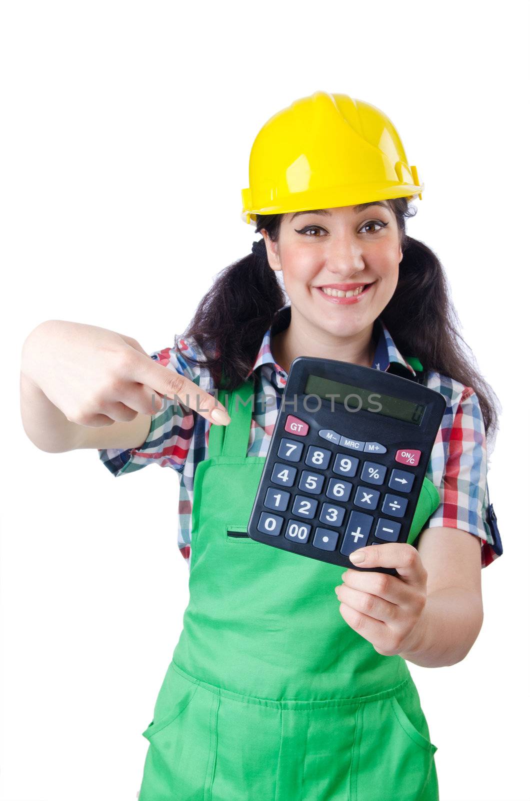 Woman builder with calculator on white by Elnur