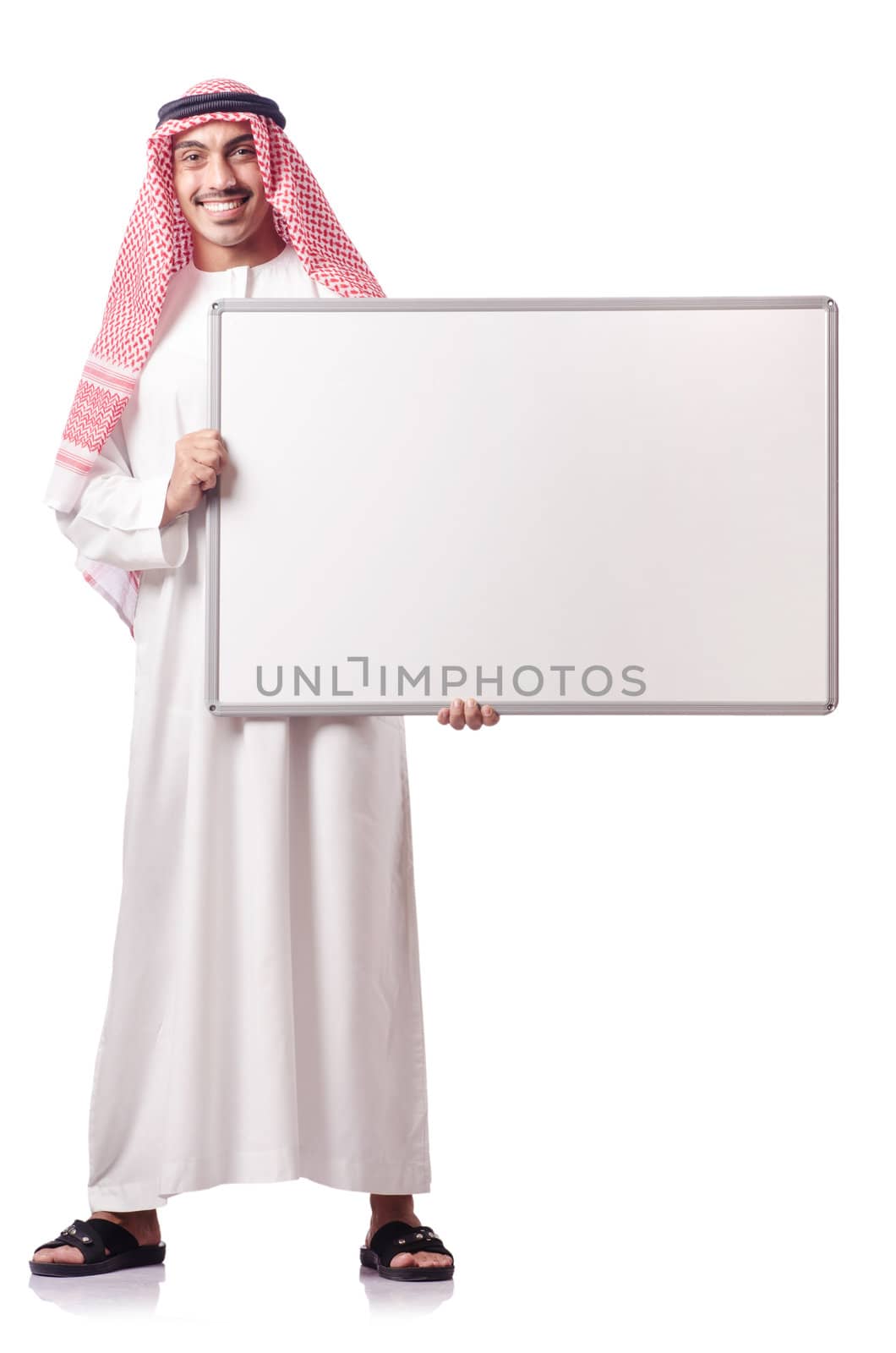 Arab man with blank board on white by Elnur