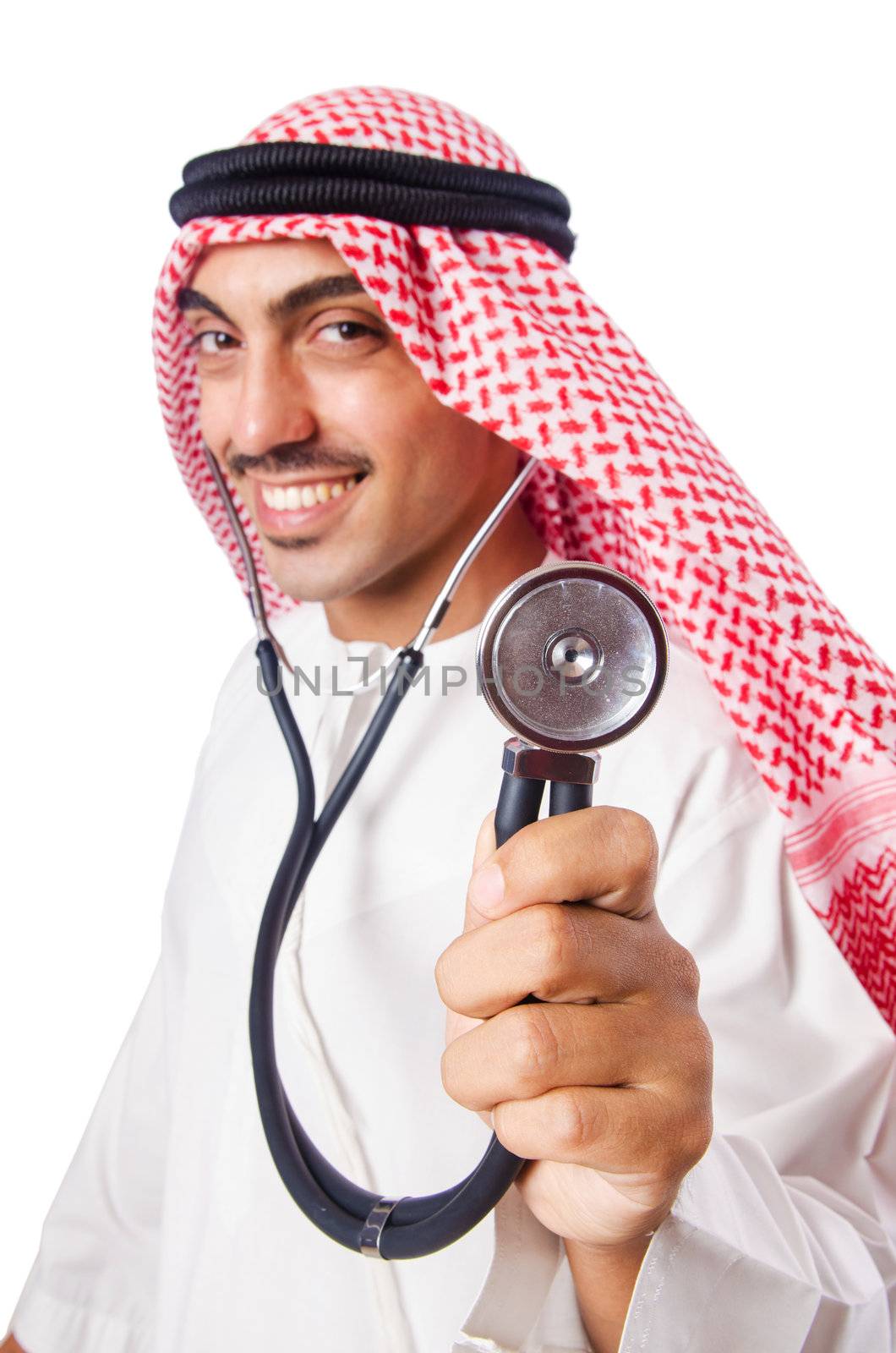 Arab doctor with stethoscope on white