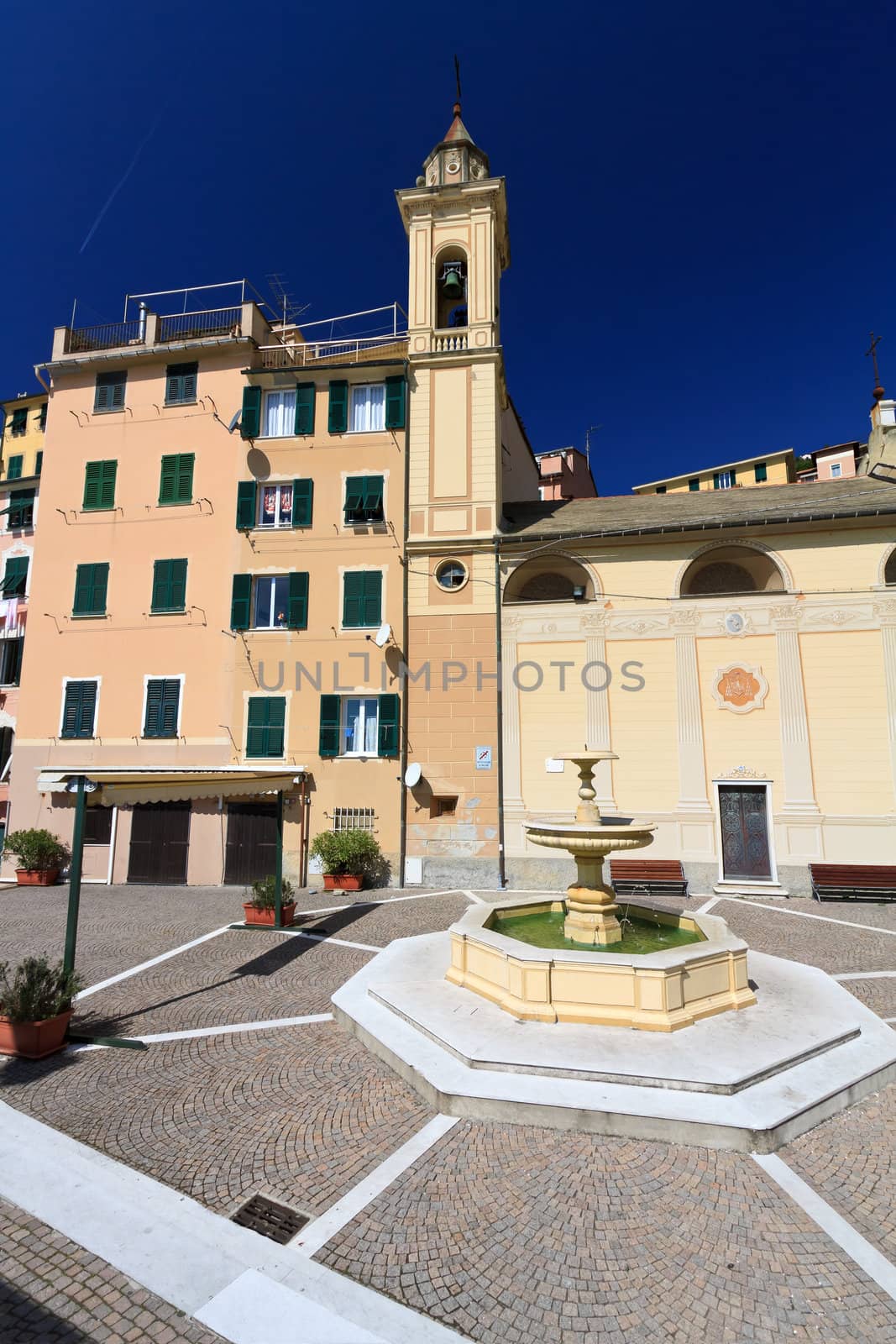 amazing small square with fountain in Sori, Liguria, Italy