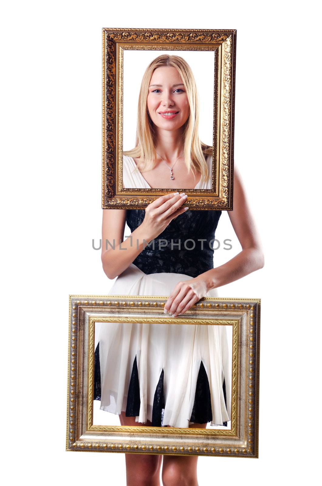 Woman with picture frames on white