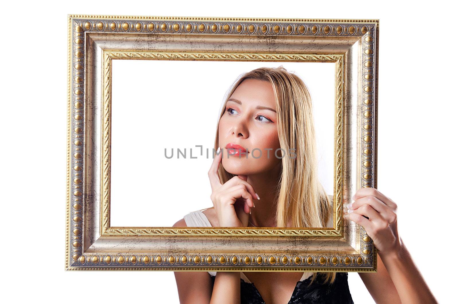 Woman with picture frames on white by Elnur