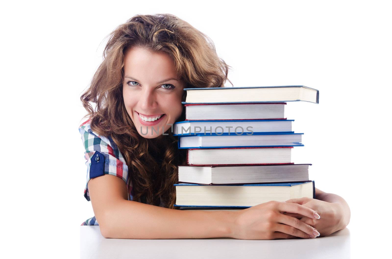 Student with lots of books on white