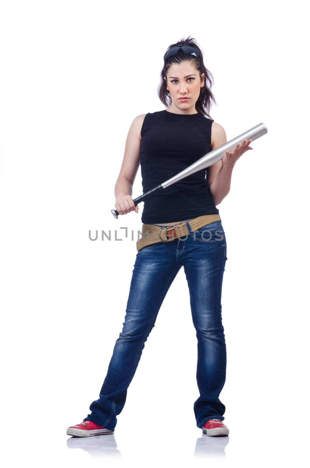 Woman criminal with bat on white