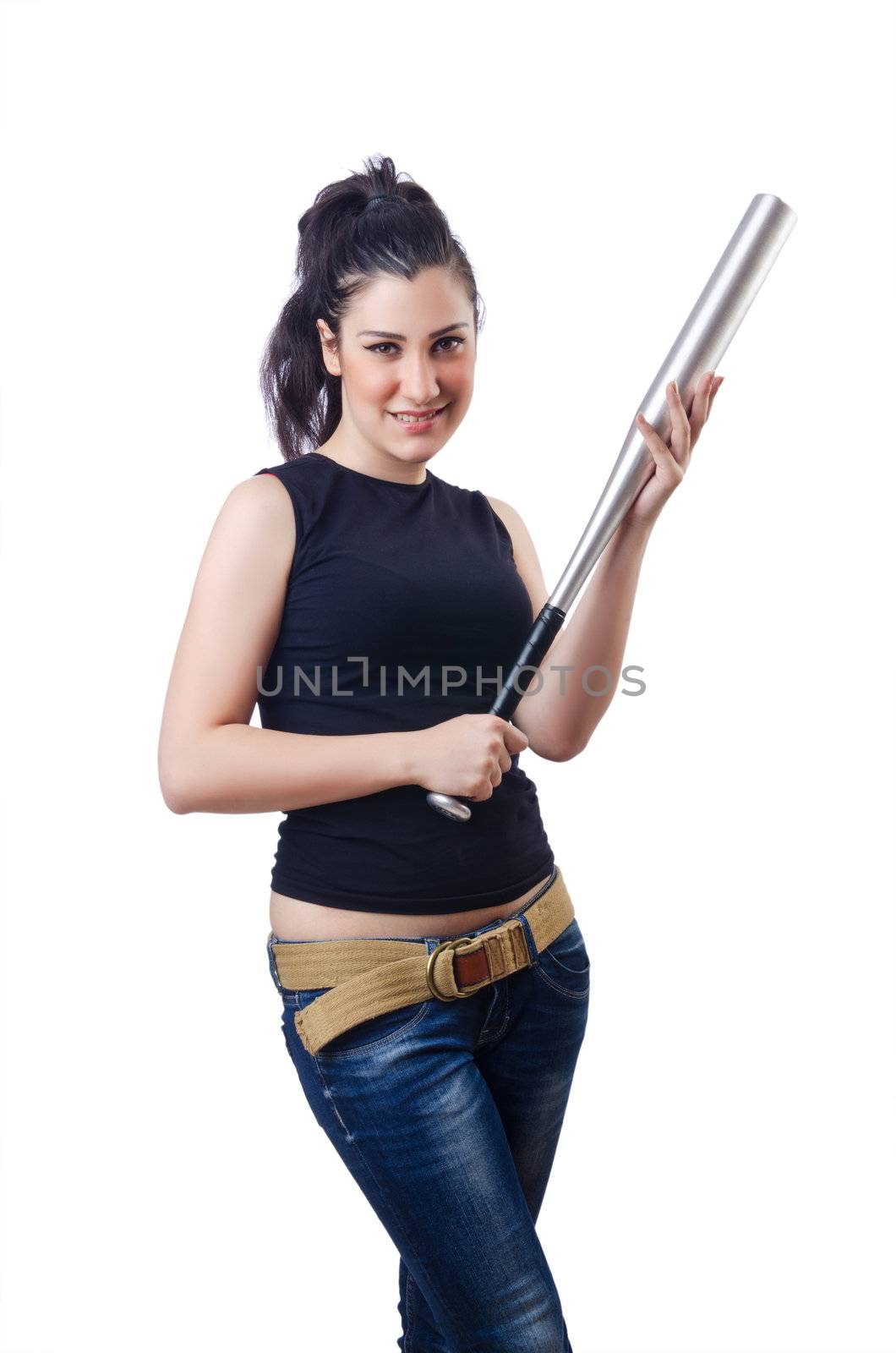 Woman criminal with bat on white