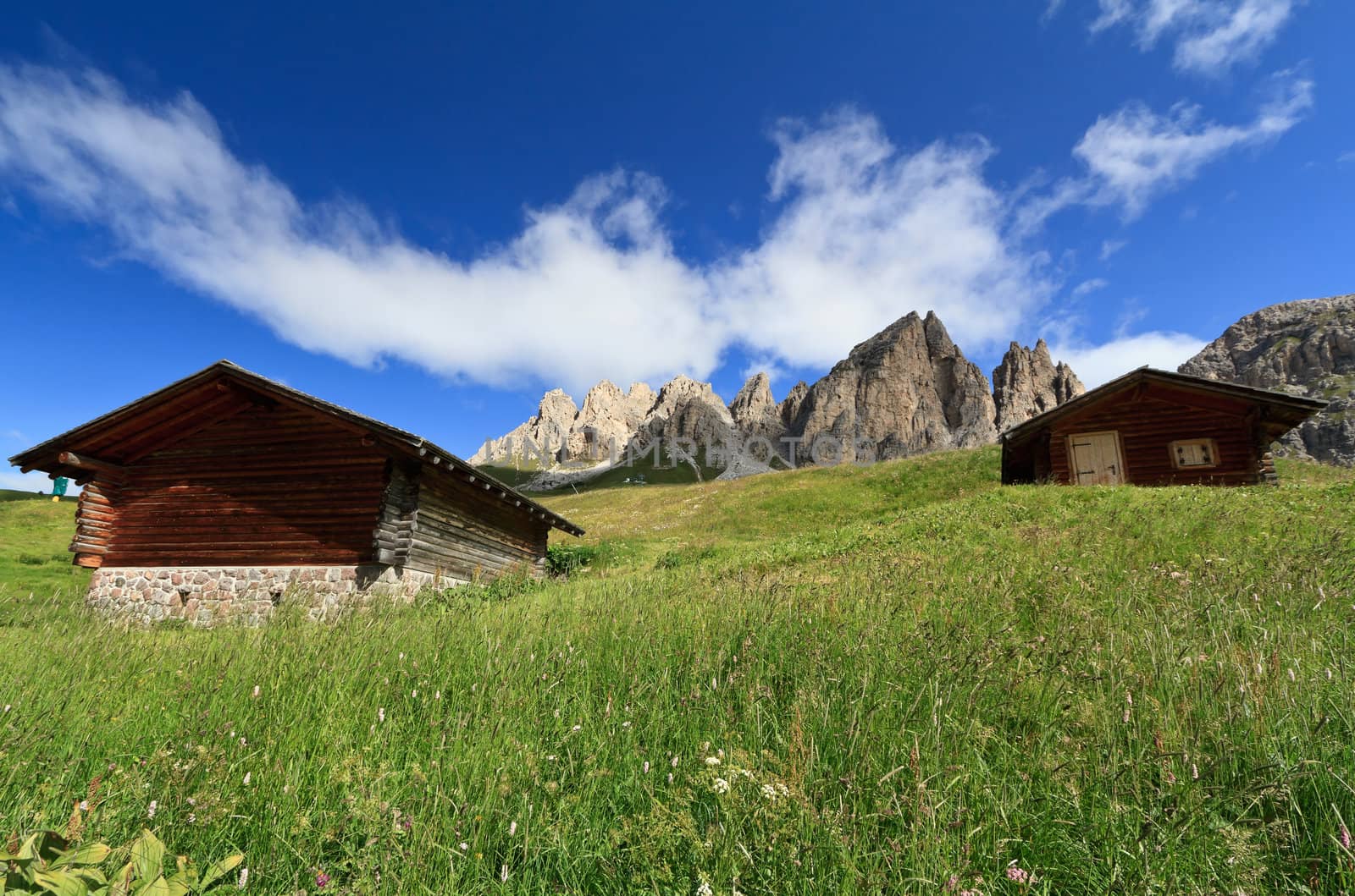 barns beneath Cir group, Gardena pass, Trentino Alto Adige, Italy