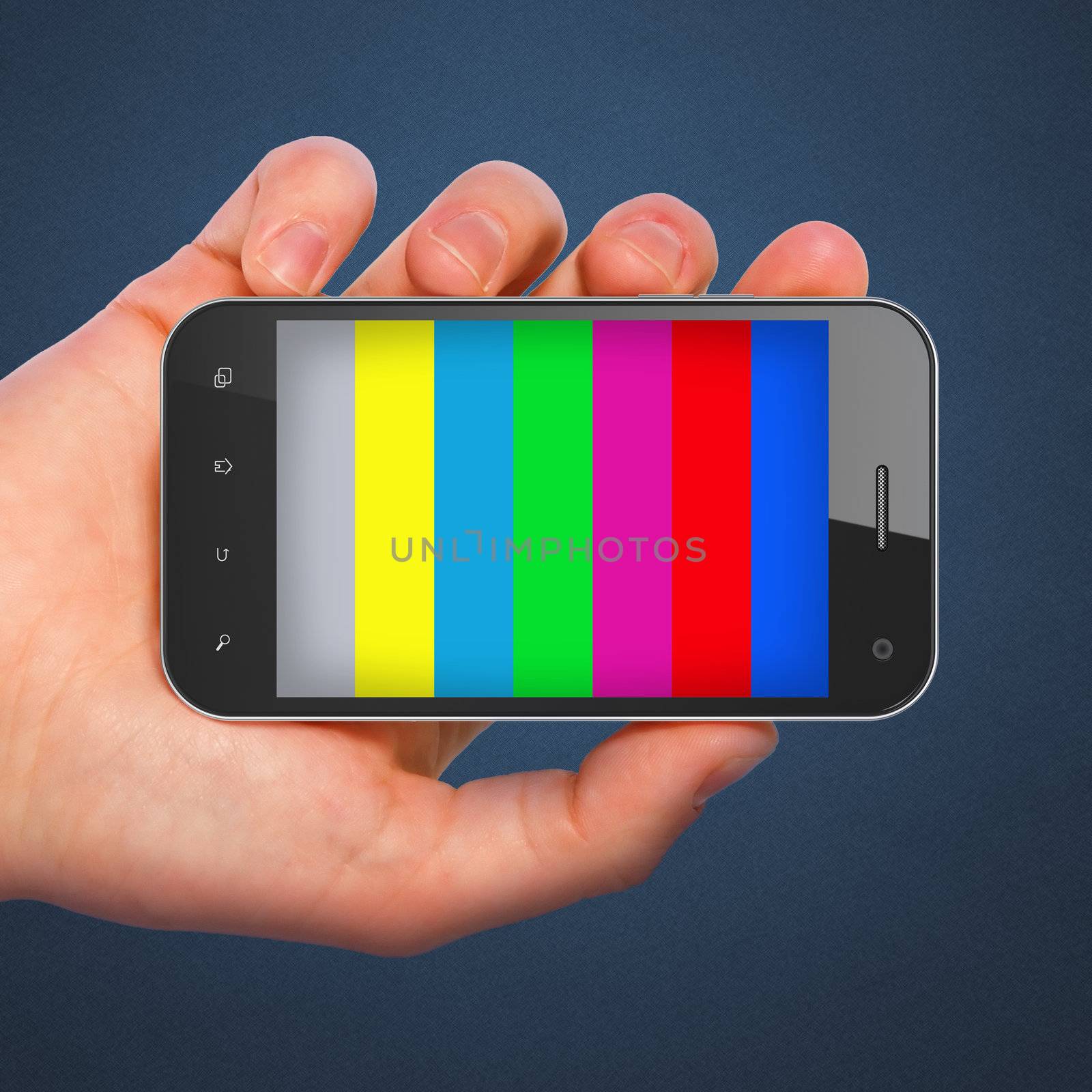 Hand holding mobile smart phone with tv test pattern screen by maxkabakov