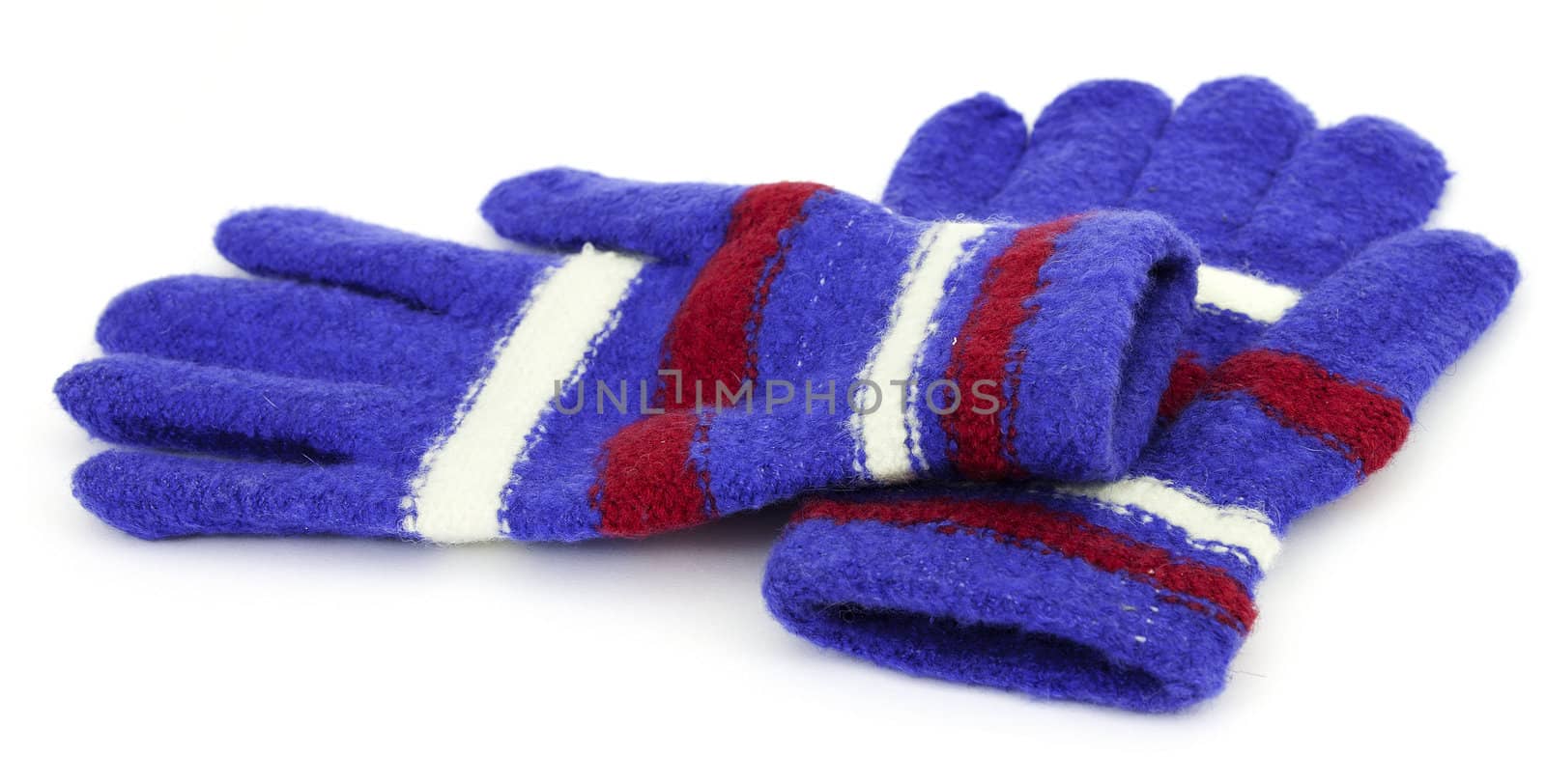 Colored knitted gloves with a white background