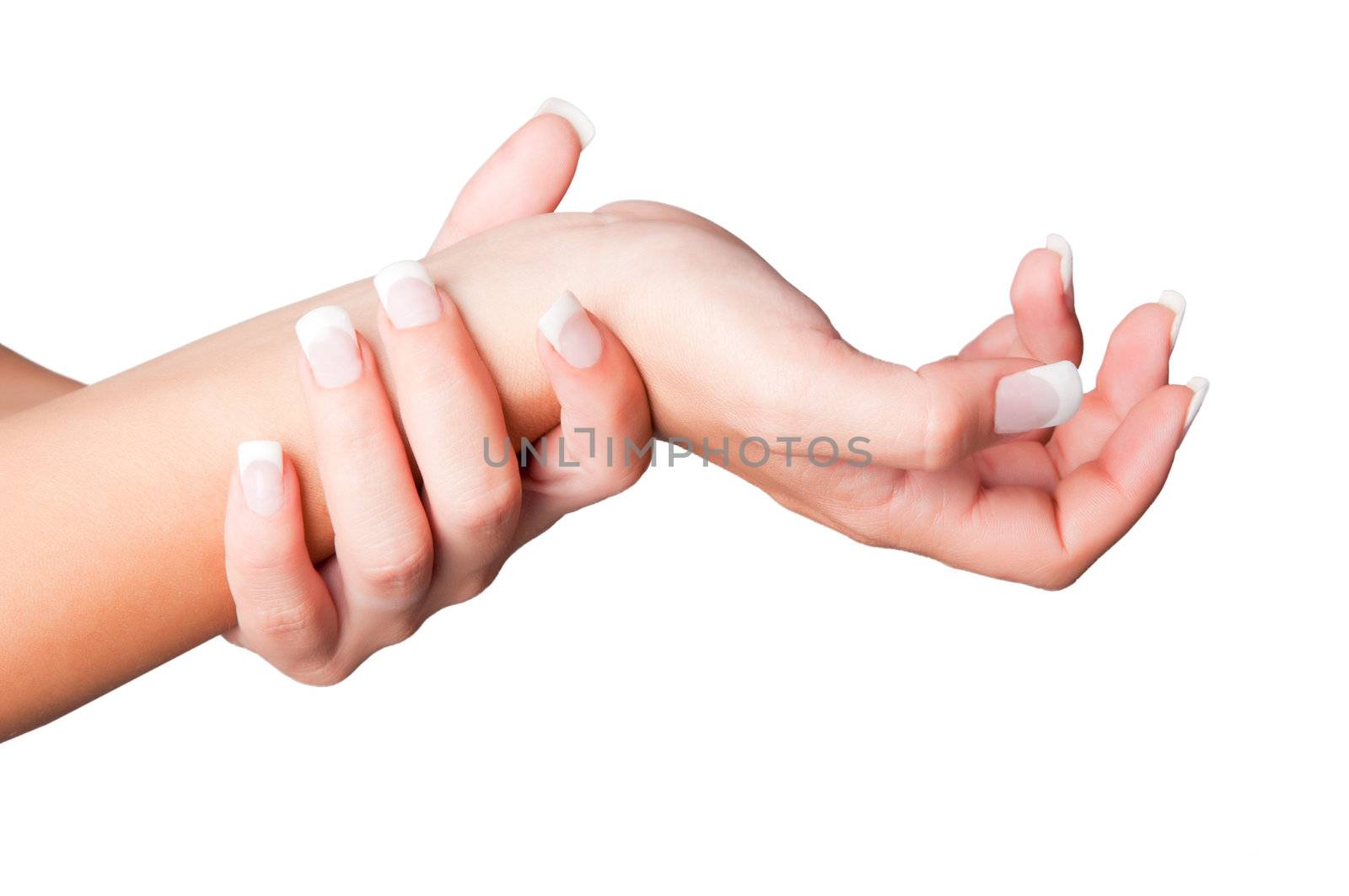 Female with pain in her wrist, isolated in a white background