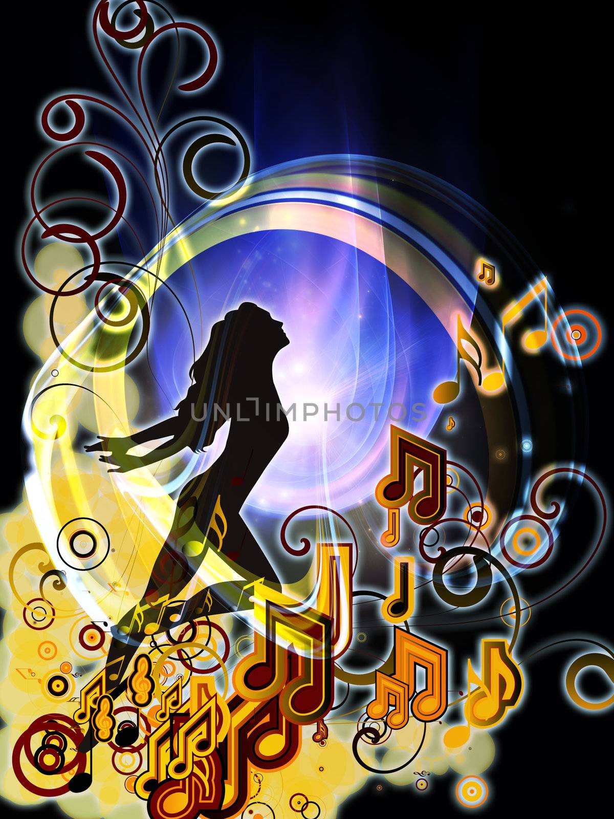 Composition of girl silhouette, notes, lights and abstract design elements with metaphorical relationship to music, song, performance and dance