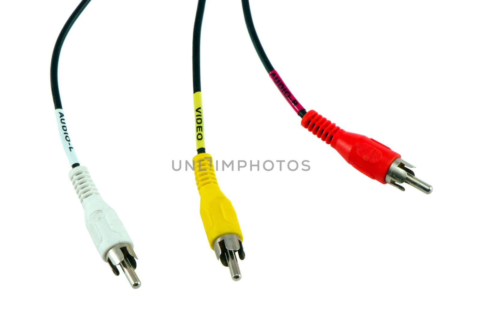 Colorful tulip wires isolated on white background. Video audio plugs.