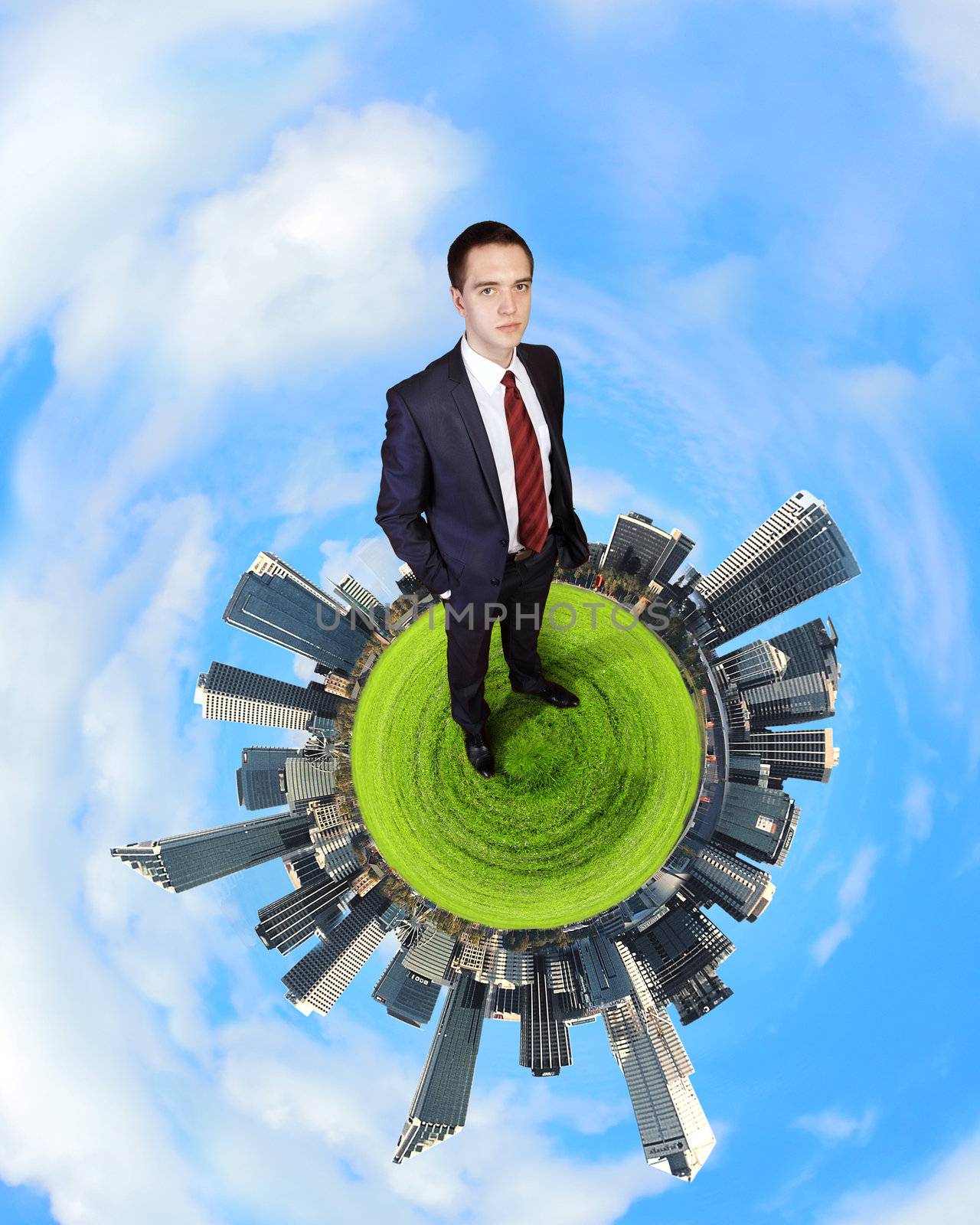 Planet earth with city on it against sky background