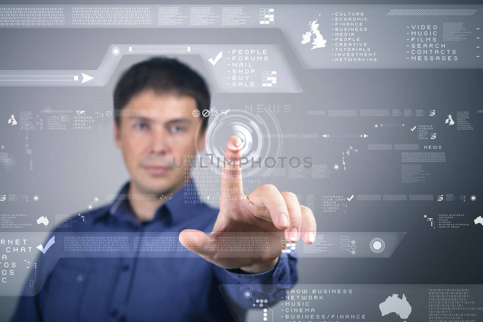 Businessman standing and working wth touch screen technology