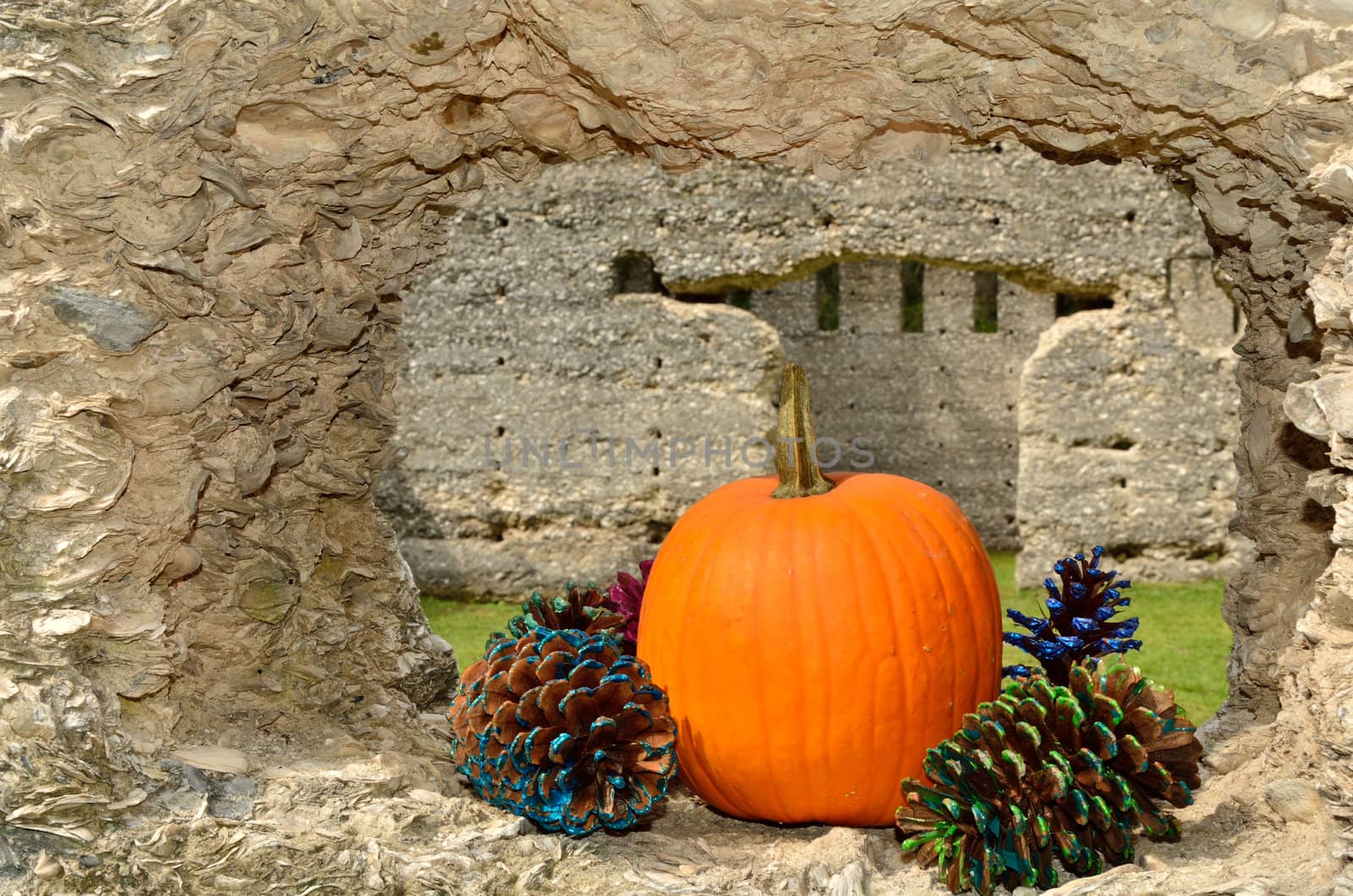 Tabby ruins decorated for autumn with pumpkin and pine cones