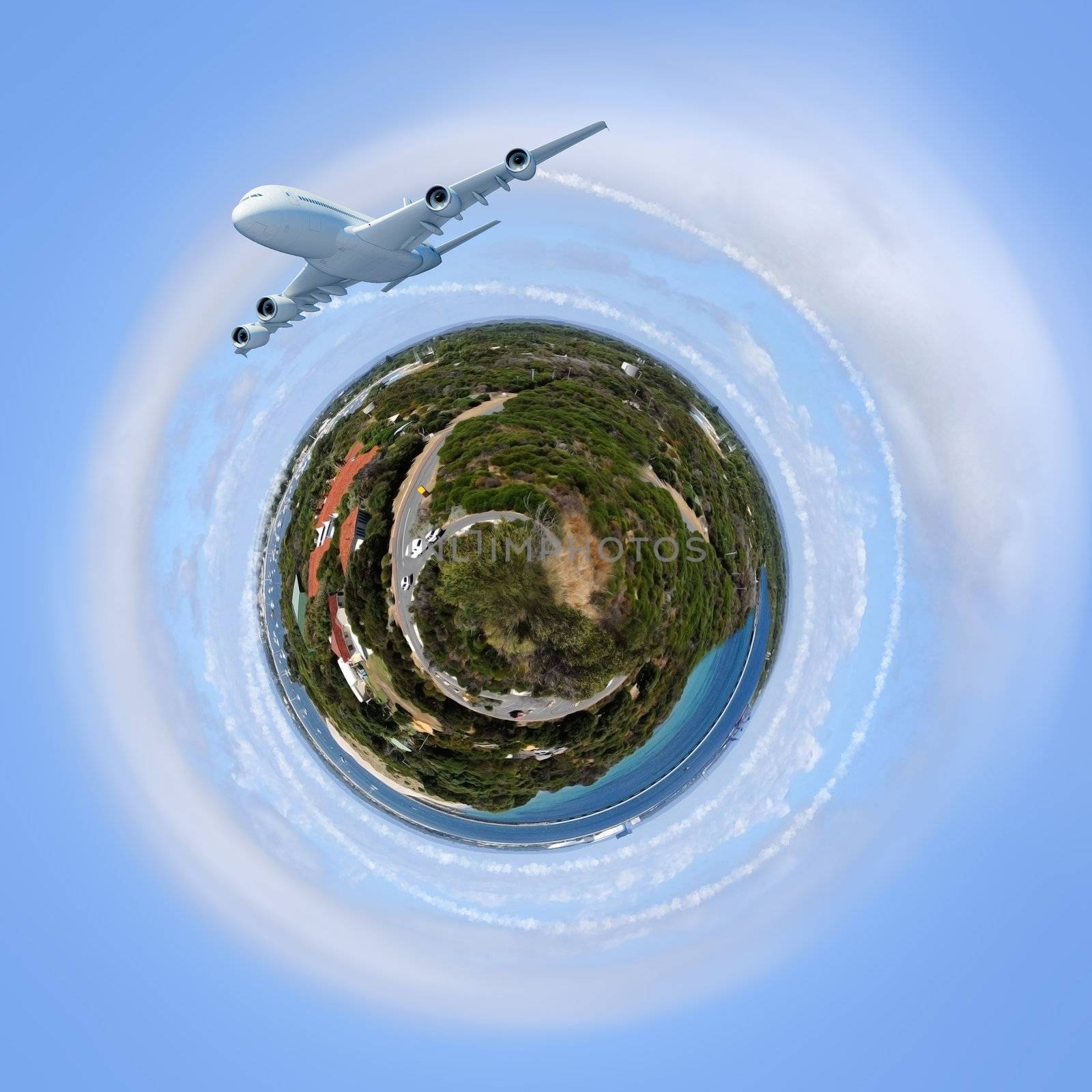 Planet earth against sky background and plane flying around it