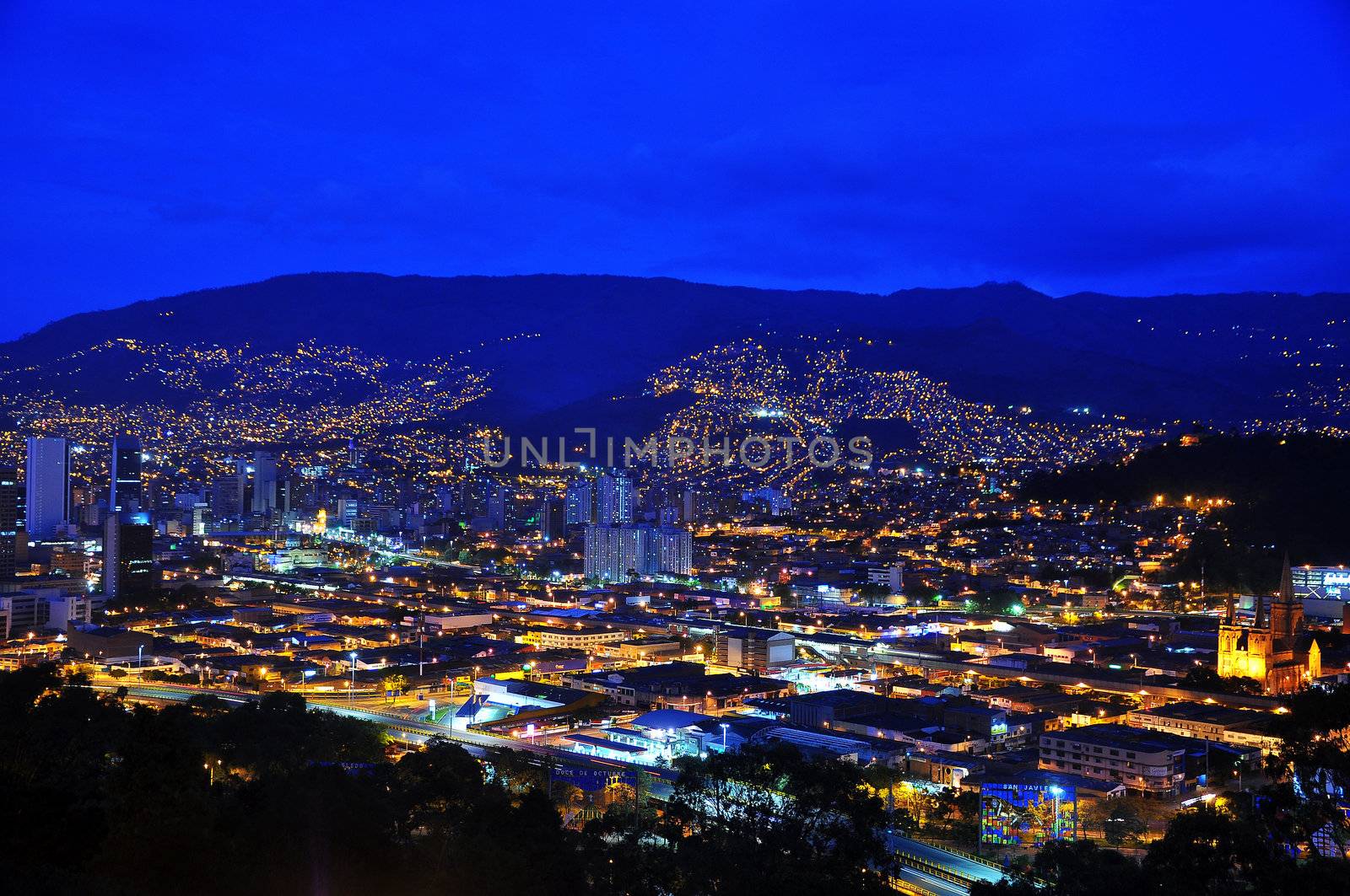 A view of Medellin, Colombia taken during the blue hour.