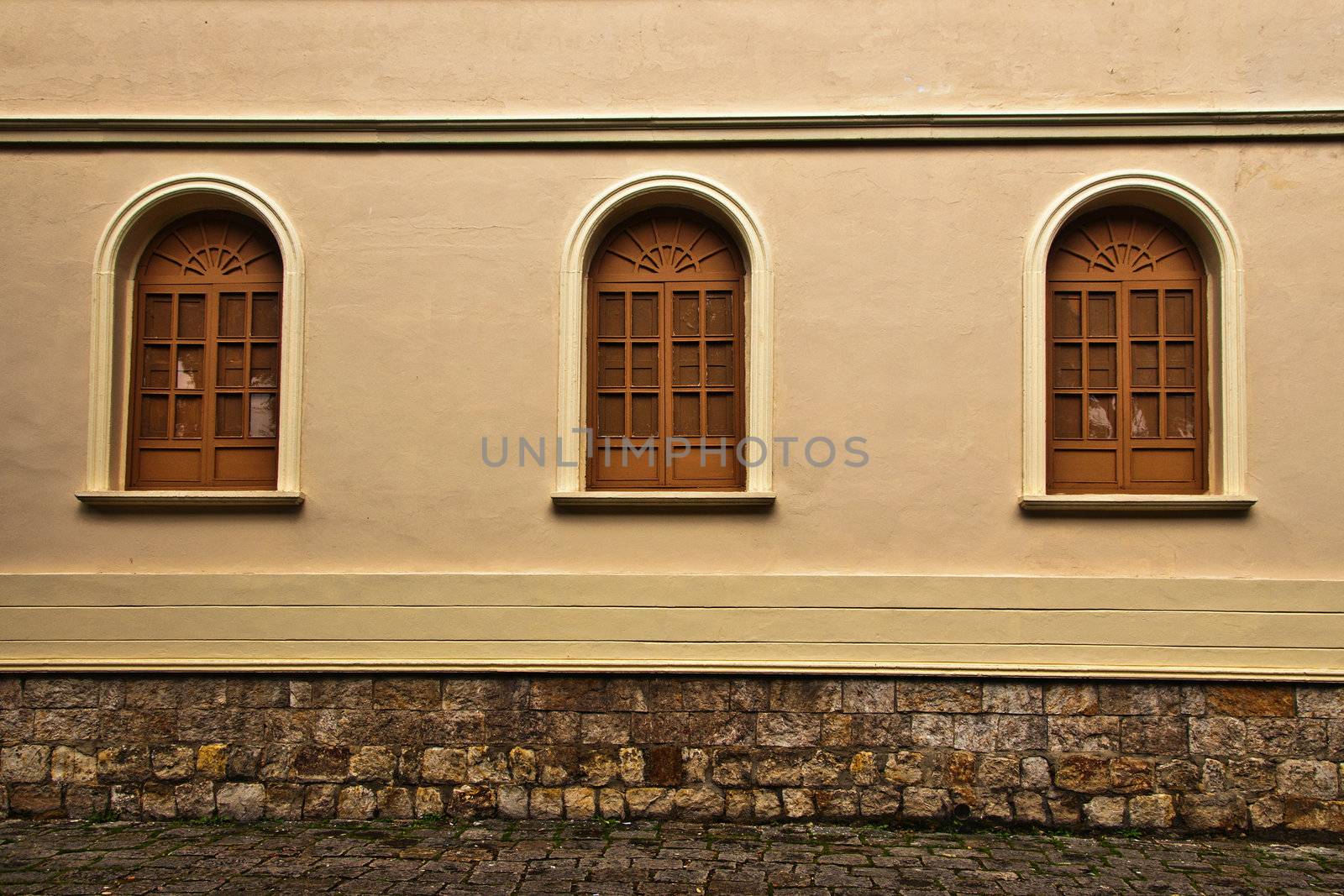 The windows and a colonial wall in Bogota, Colombia.