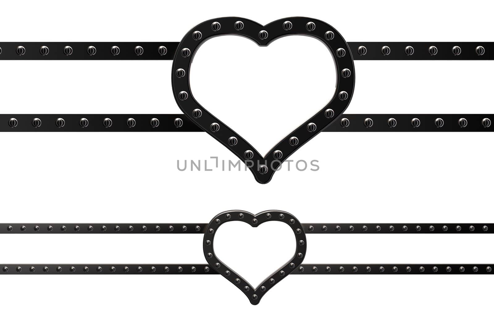 riveted metal hearts on white background - 3d illustration