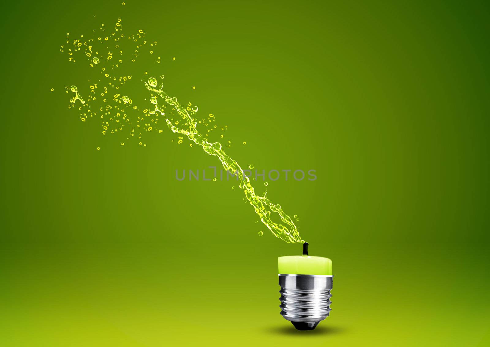 Wax candle into lighting bulb with water splashes.
