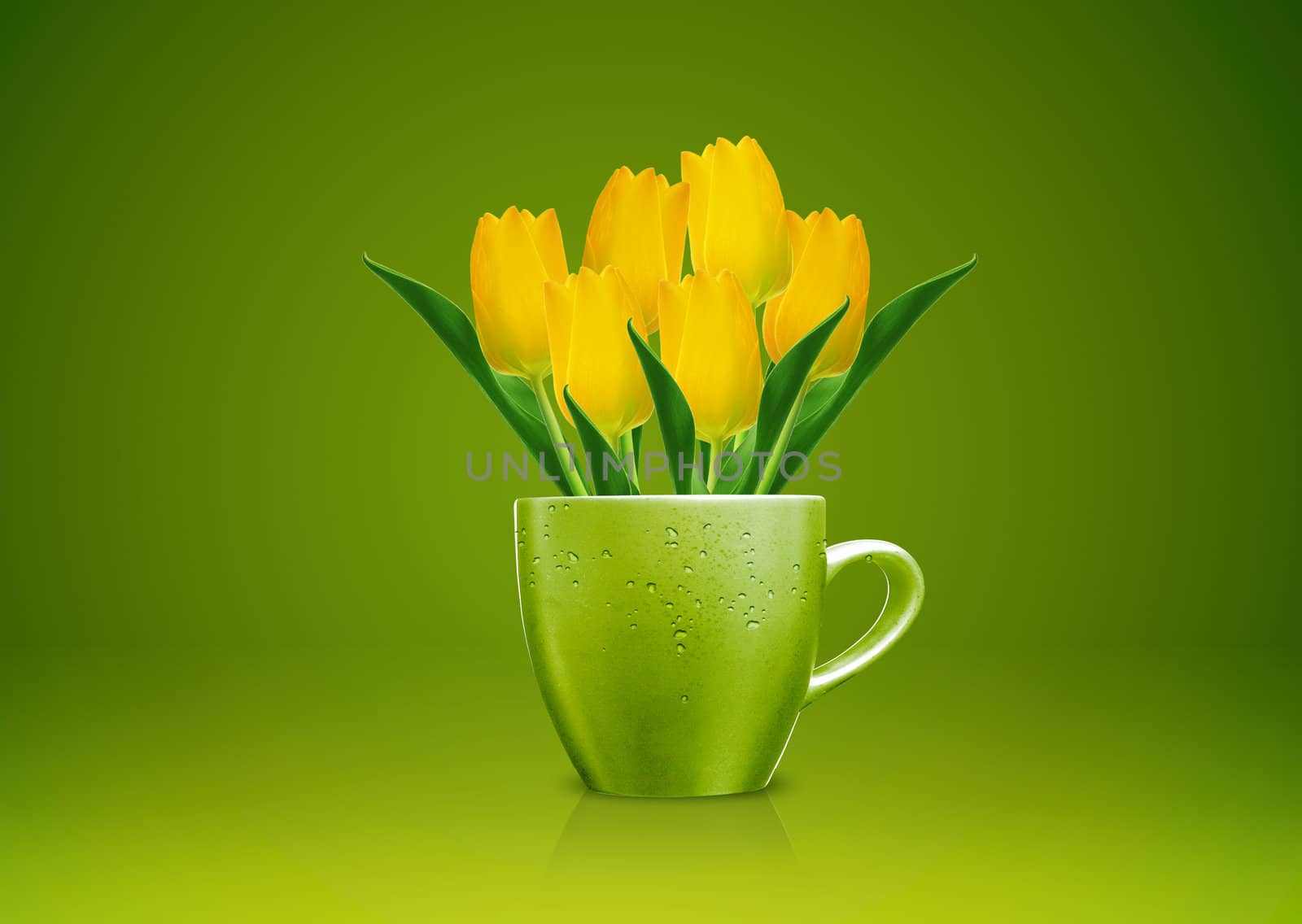 Modern vase style, A group of yellow Tulips in green vase.