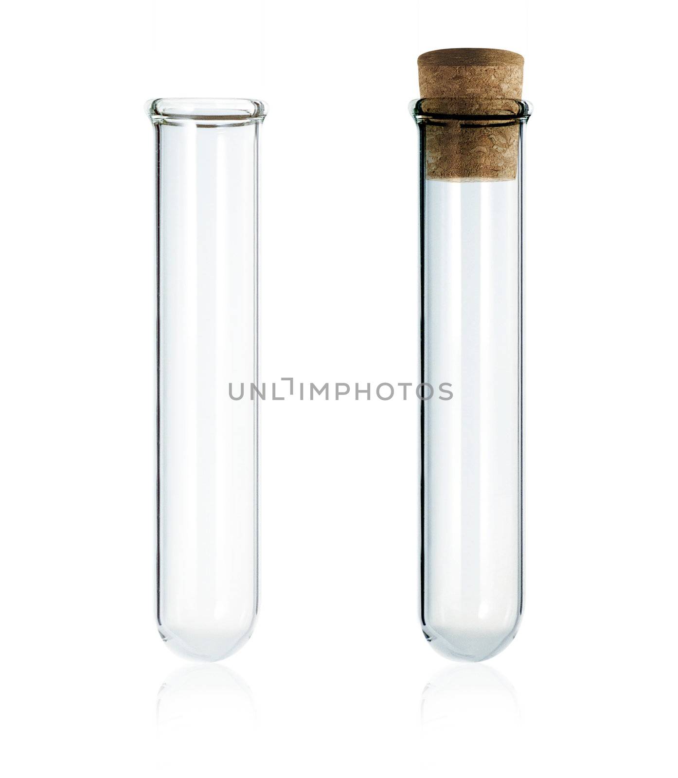 empty laboratory test tube with cork isolated on white background