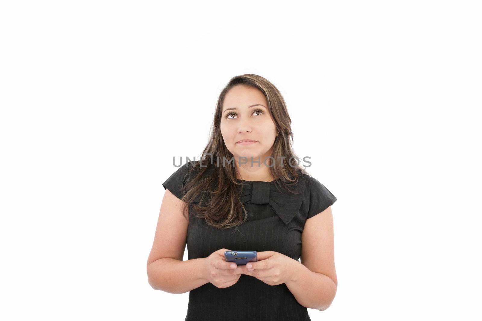 Close-up of a brunette texting against white background