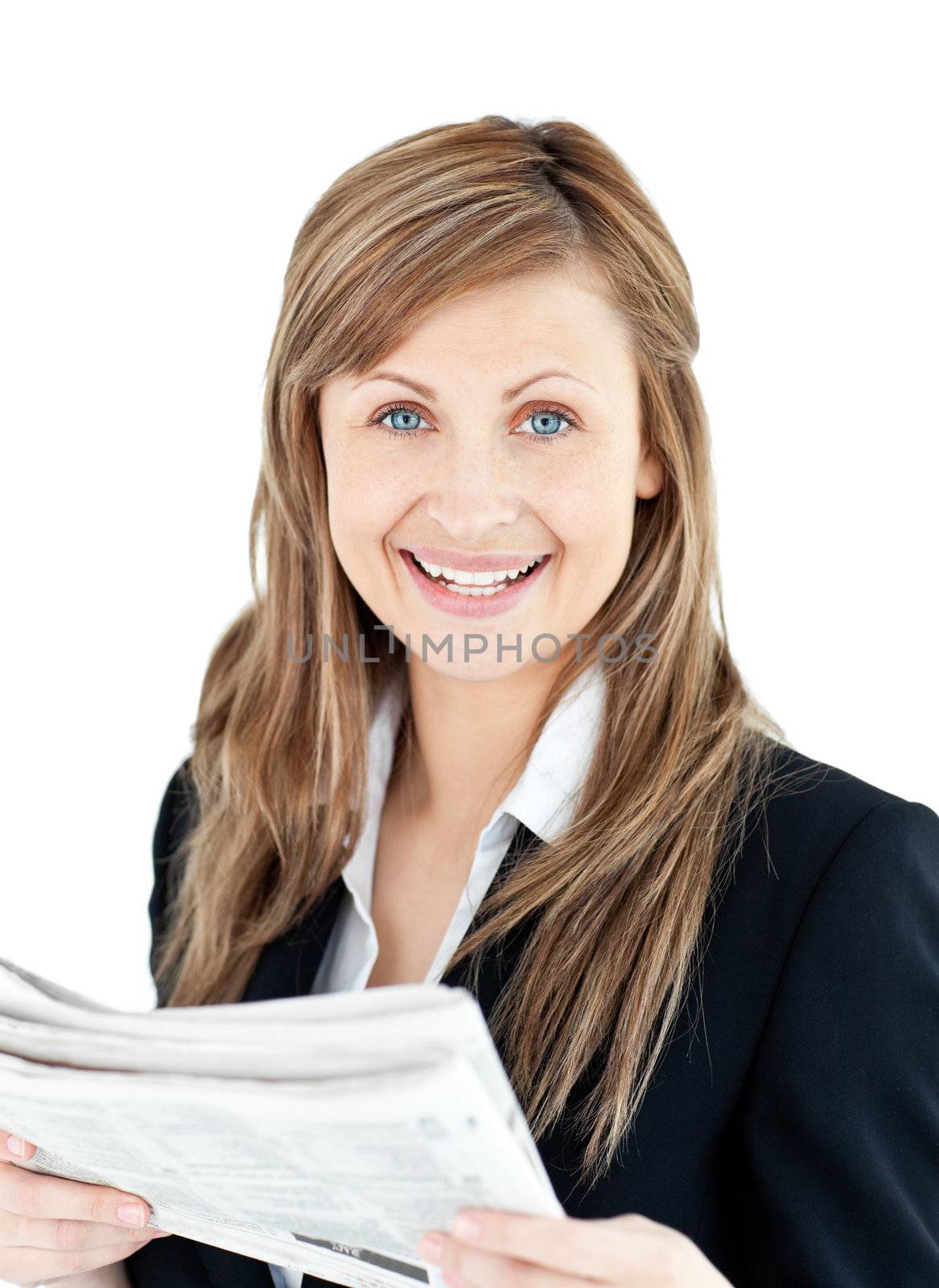 Joyful businesswoman  reading a newspaper against a white background 
