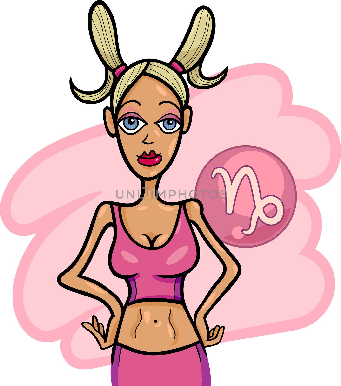 Illustration of Beautiful Woman Cartoon Character and Capricorn Horoscope Zodiac Sign