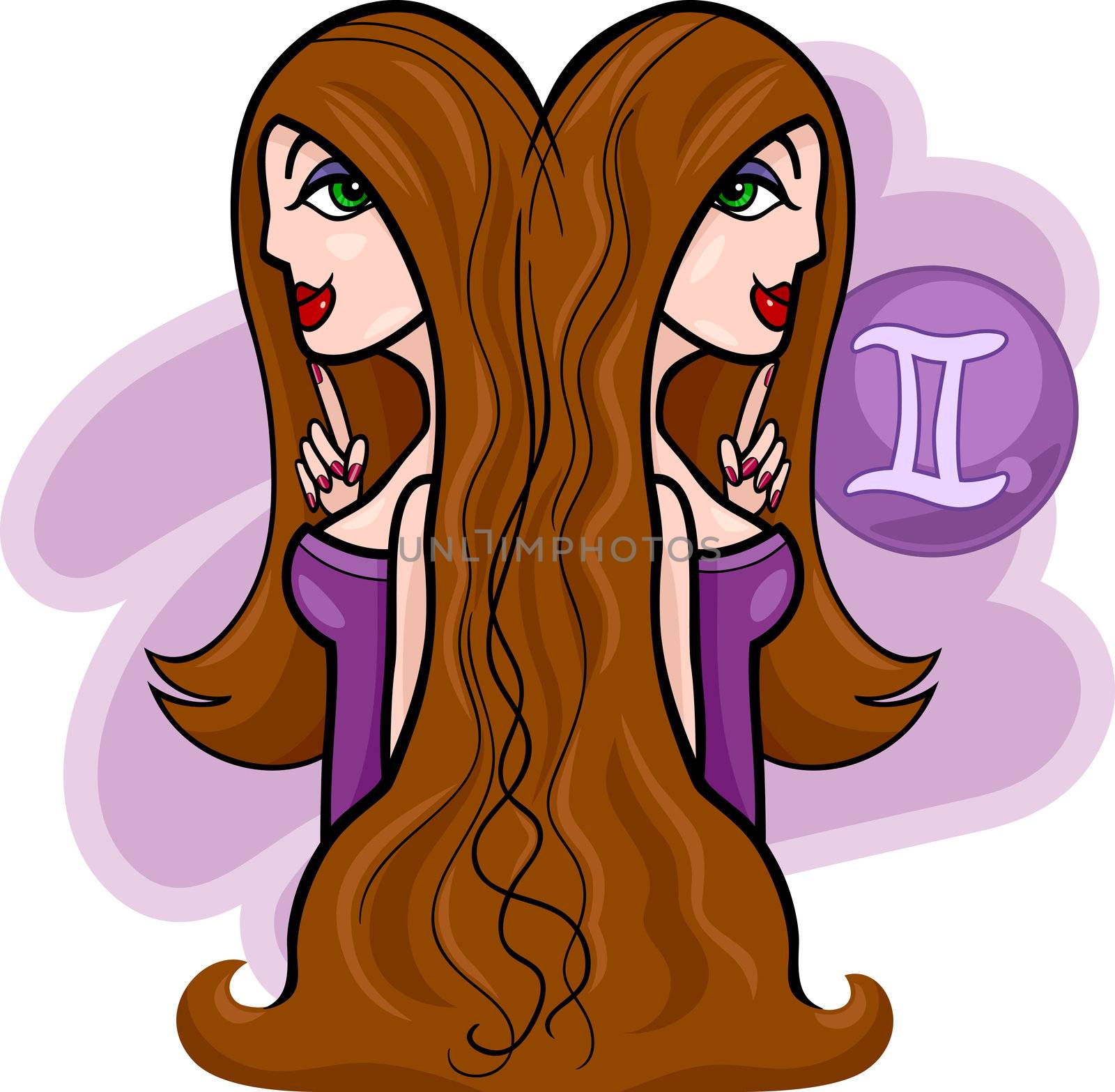 Illustration of Beautiful Twins Women Cartoon Characters and Gemini Horoscope Zodiac Sign