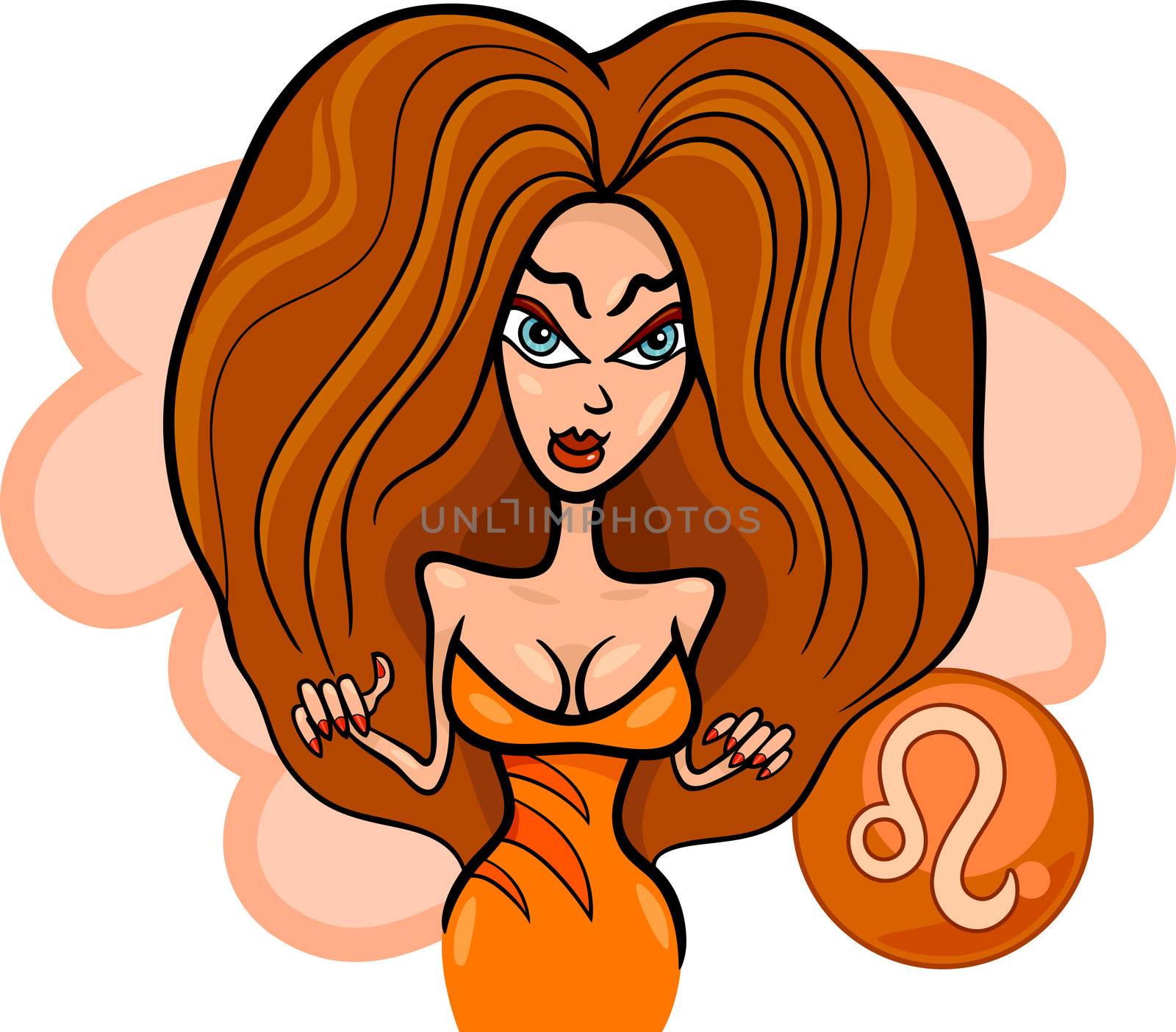 Illustration of Beautiful Woman Cartoon Character and Leo Horoscope Zodiac Sign