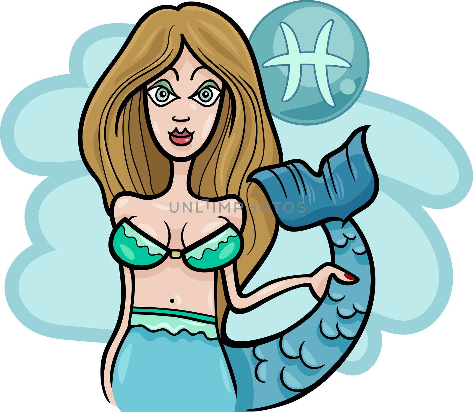 Illustration of Beautiful Mermaid Woman Cartoon Character and Pisces Horoscope Zodiac Sign