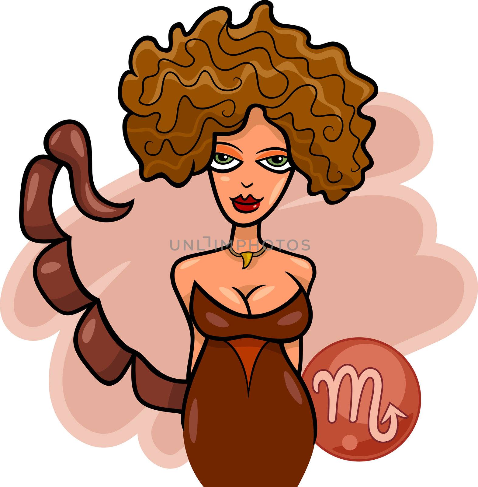 Illustration of Beautiful Woman Cartoon Character with Scorpion Tail and Scorpio Horoscope Zodiac Sign