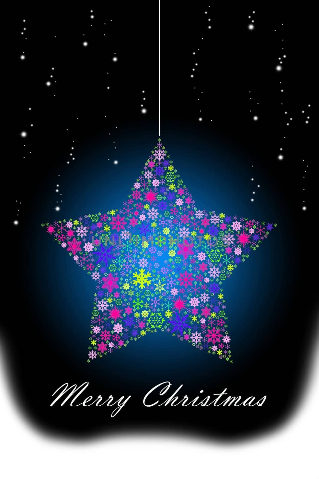 Colorful glowing Christmas star hanging with snow background by pixbox77