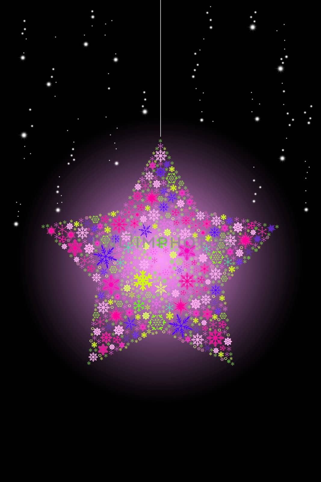 Pink glowing Christmas star hanging with snow background by pixbox77