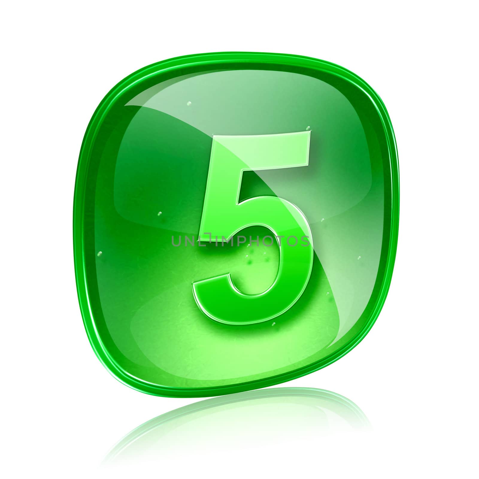 Number five icon green glass, isolated on white background