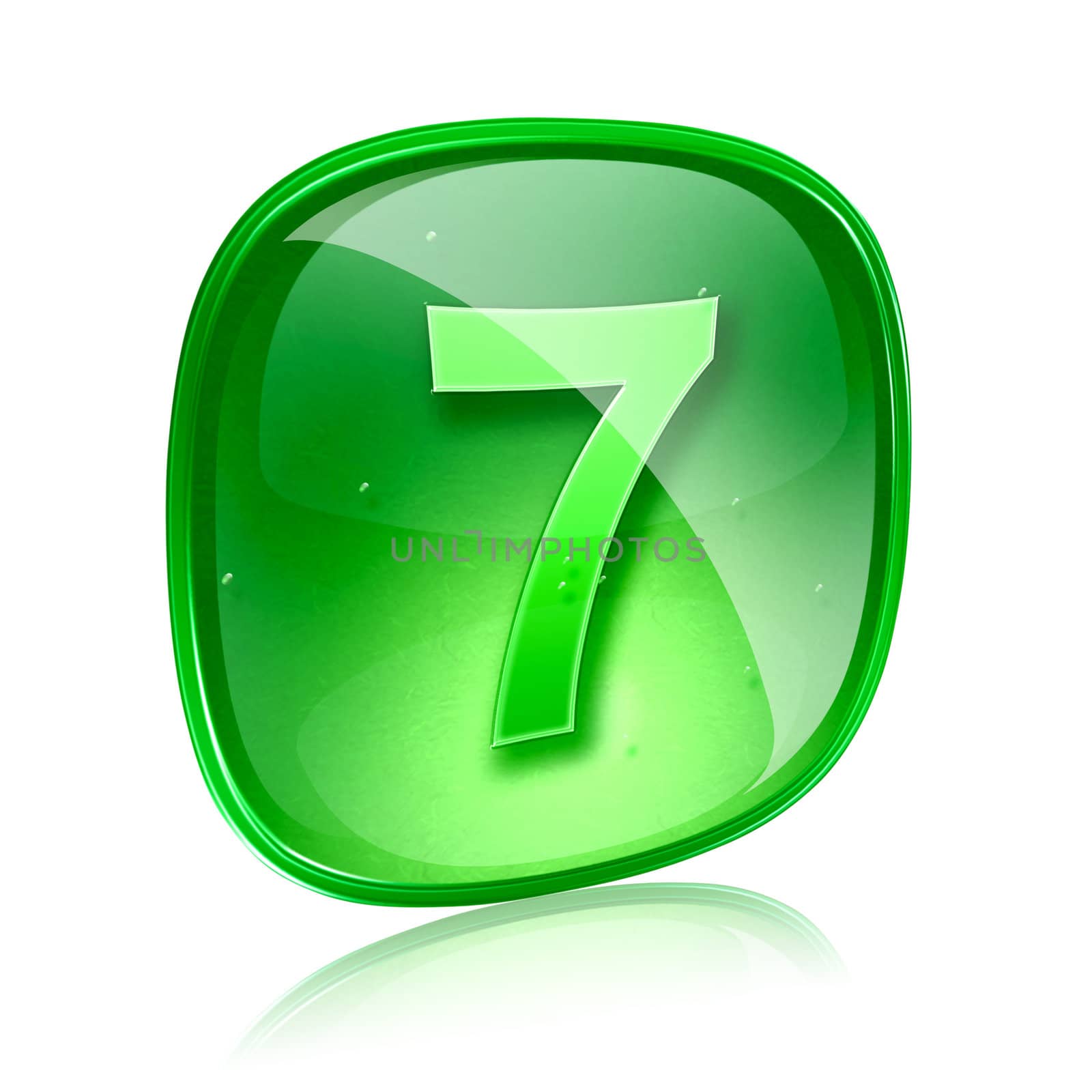 Number seven icon green glass, isolated on white background