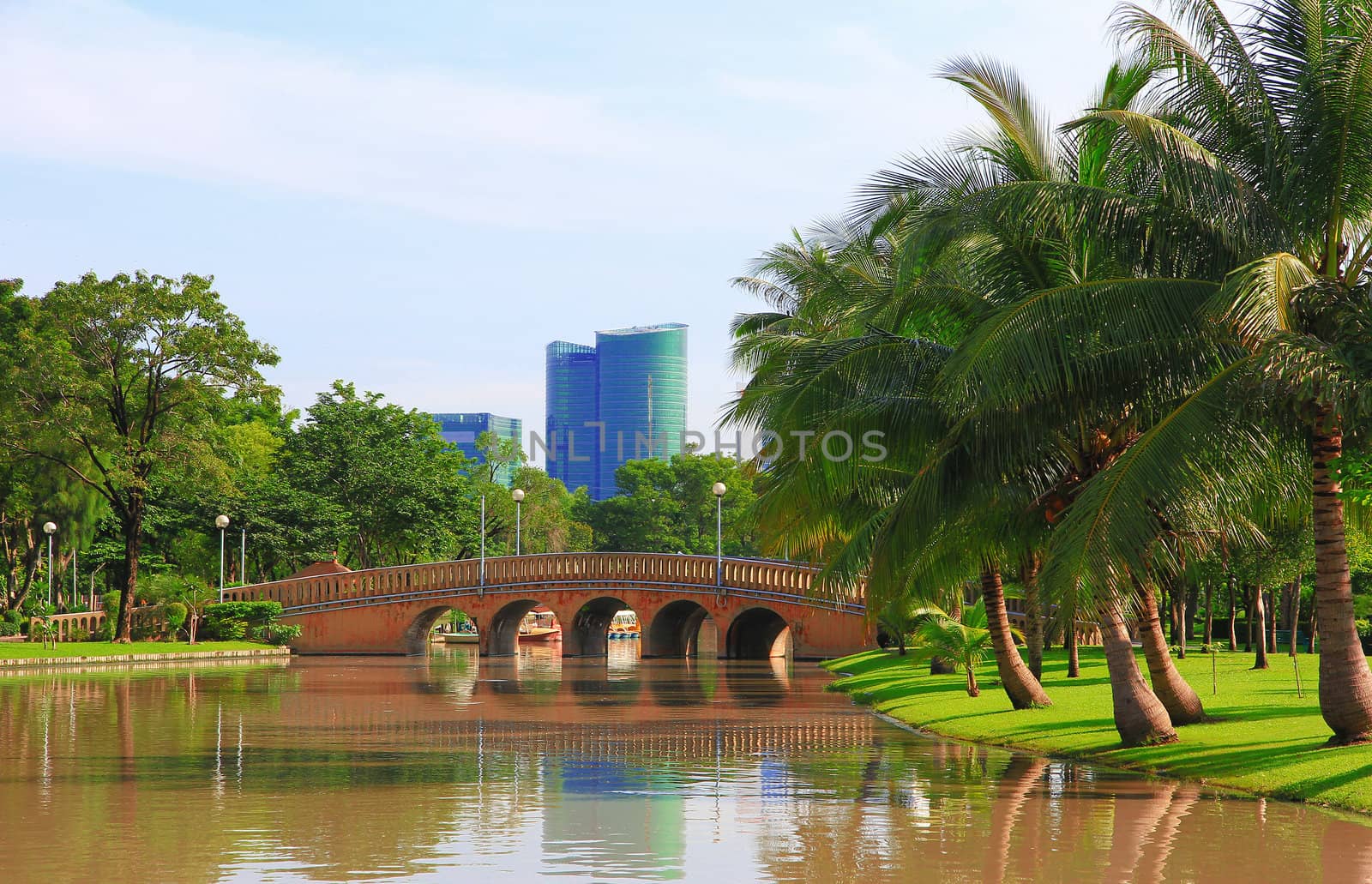 Park with river and trees in Bangkok Thailand.