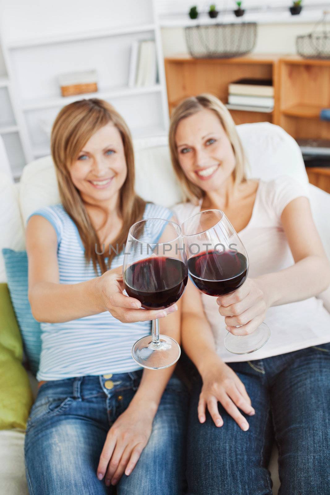 Two bright women holding a wineglass on a sofa at home