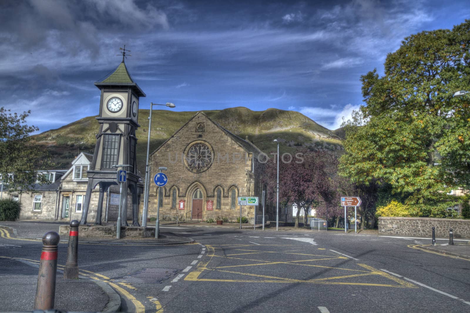 Clock Tower in small village Tillicoutry in Scotland, UK