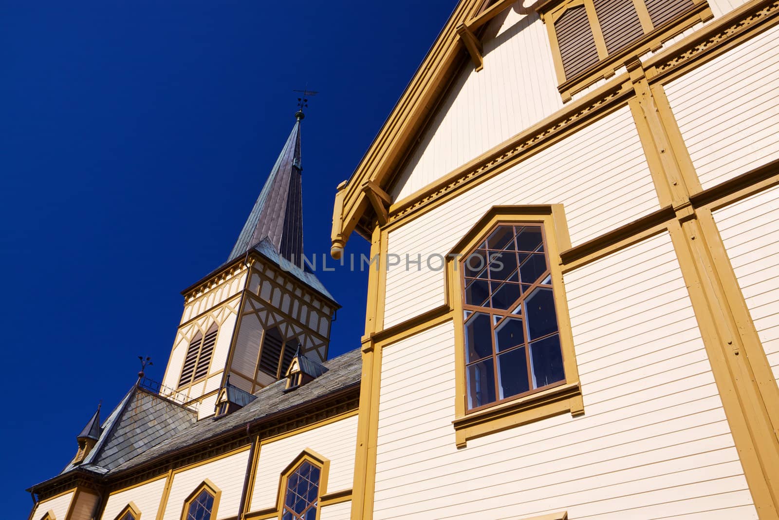 Detail of wooden Lofoten cathedral, famous landmark on Lofoten islands in Norway