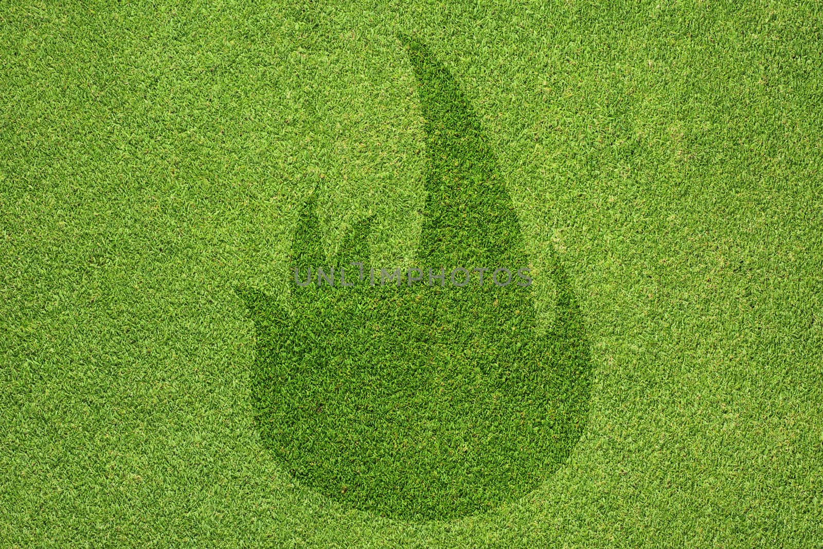 Fire icon on green grass texture and background 