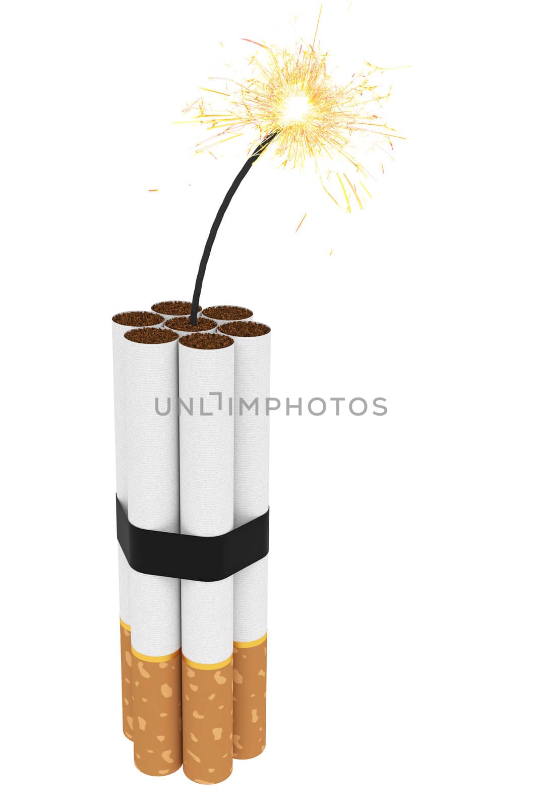 Dynamite composed of cigarettes with burning wick isolated on white. High resolution 3D image