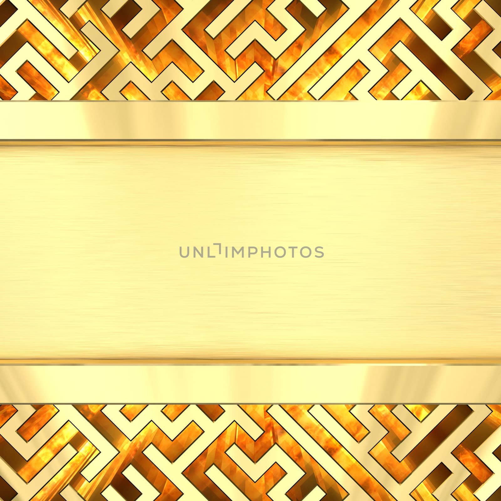 Blank golden plate on maze background with flame. High resolution 3D image