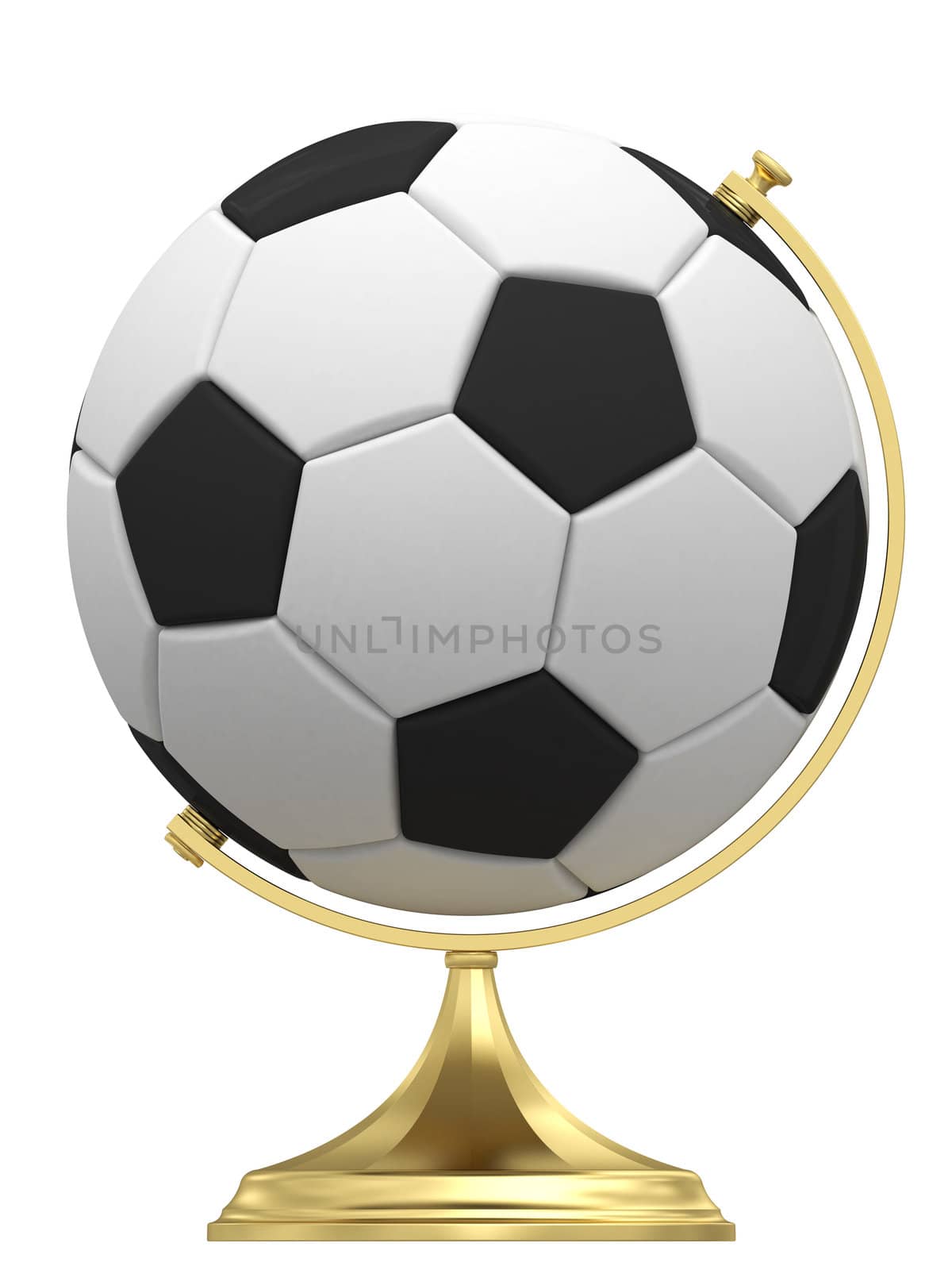 Soccer ball as terrestrial globe on golden stand isolated on white. High resolution 3D image