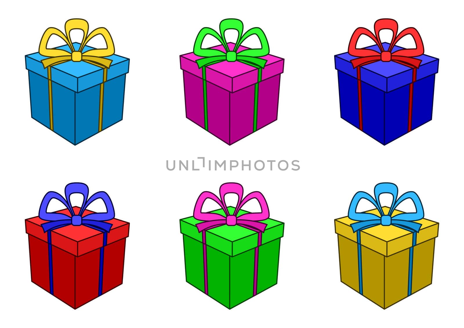 Isolated boxes with celebratory gifts, square, multi-coloured