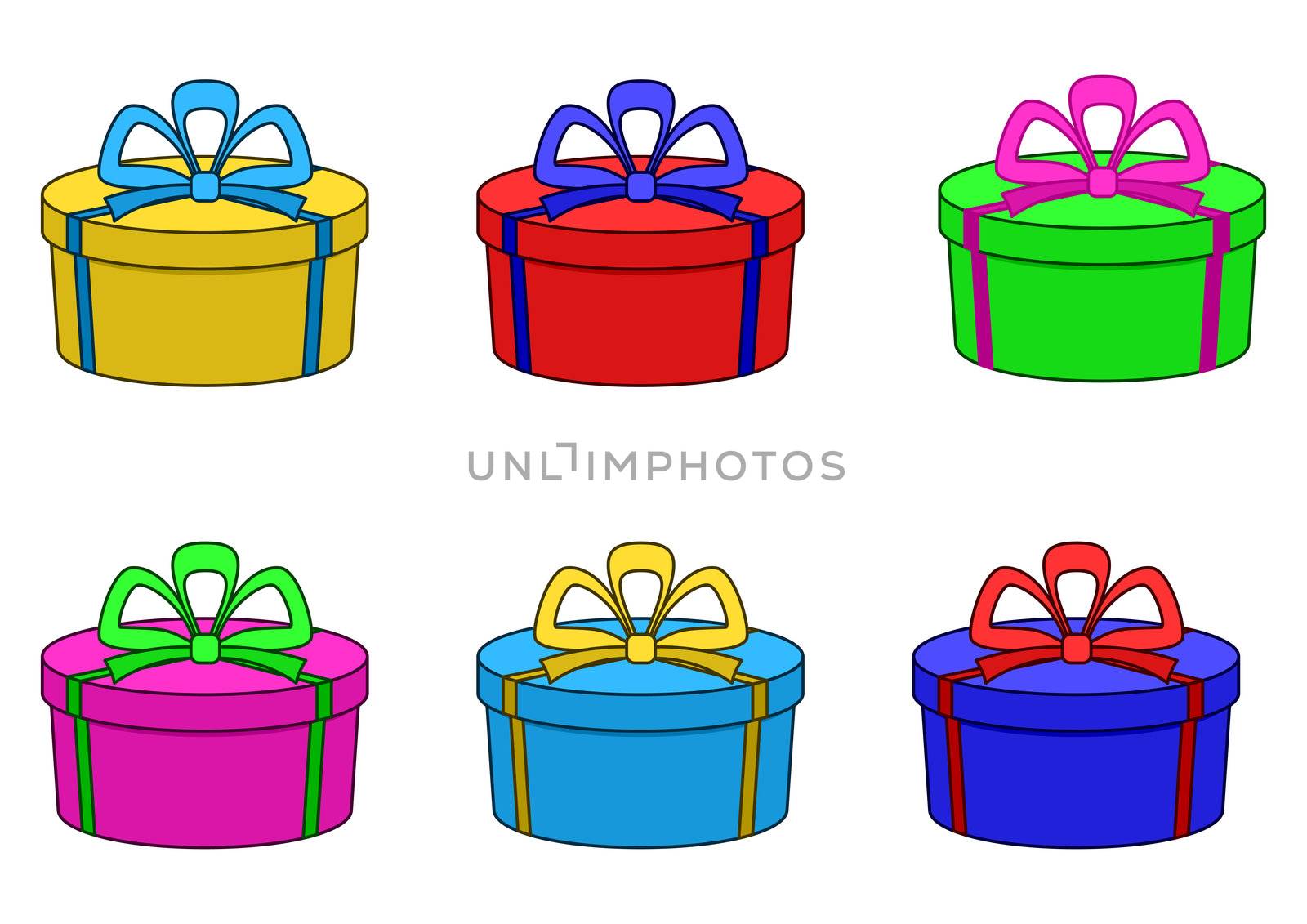 Isolated boxes with celebratory gifts, round, multi-coloured
