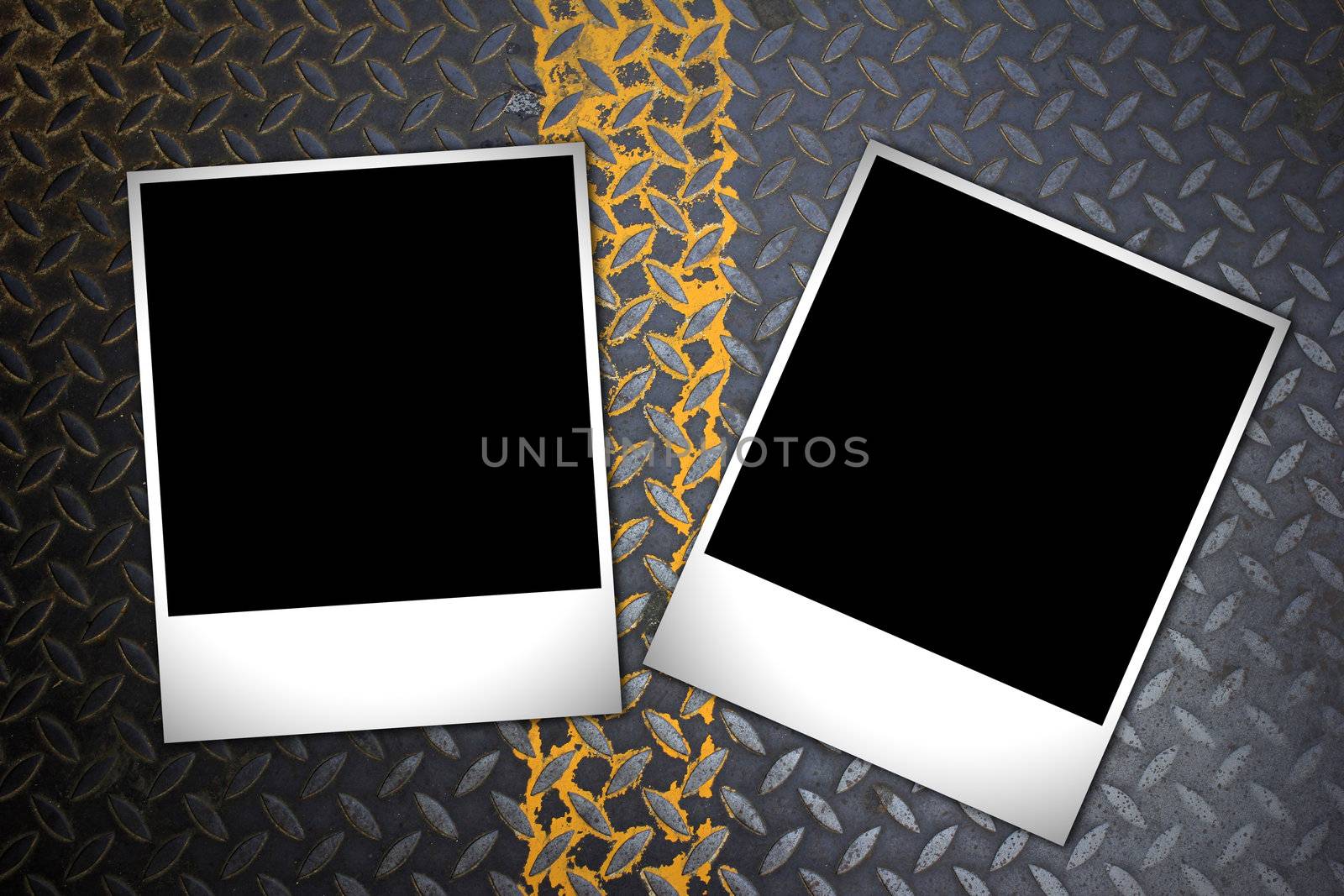 blank vintage paper and photo frame on metal background