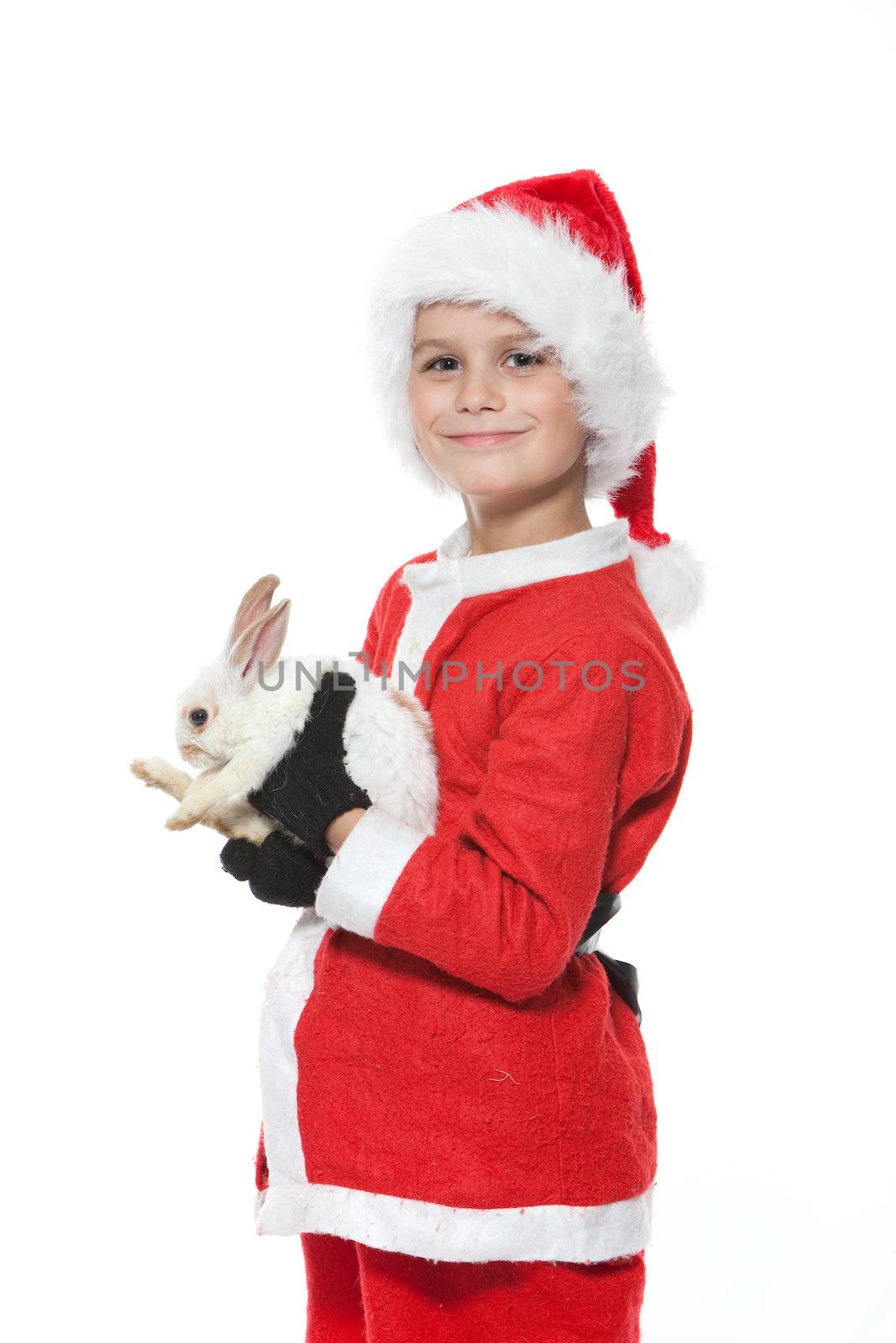 Boy holding a christmas rabbit isolated on white background